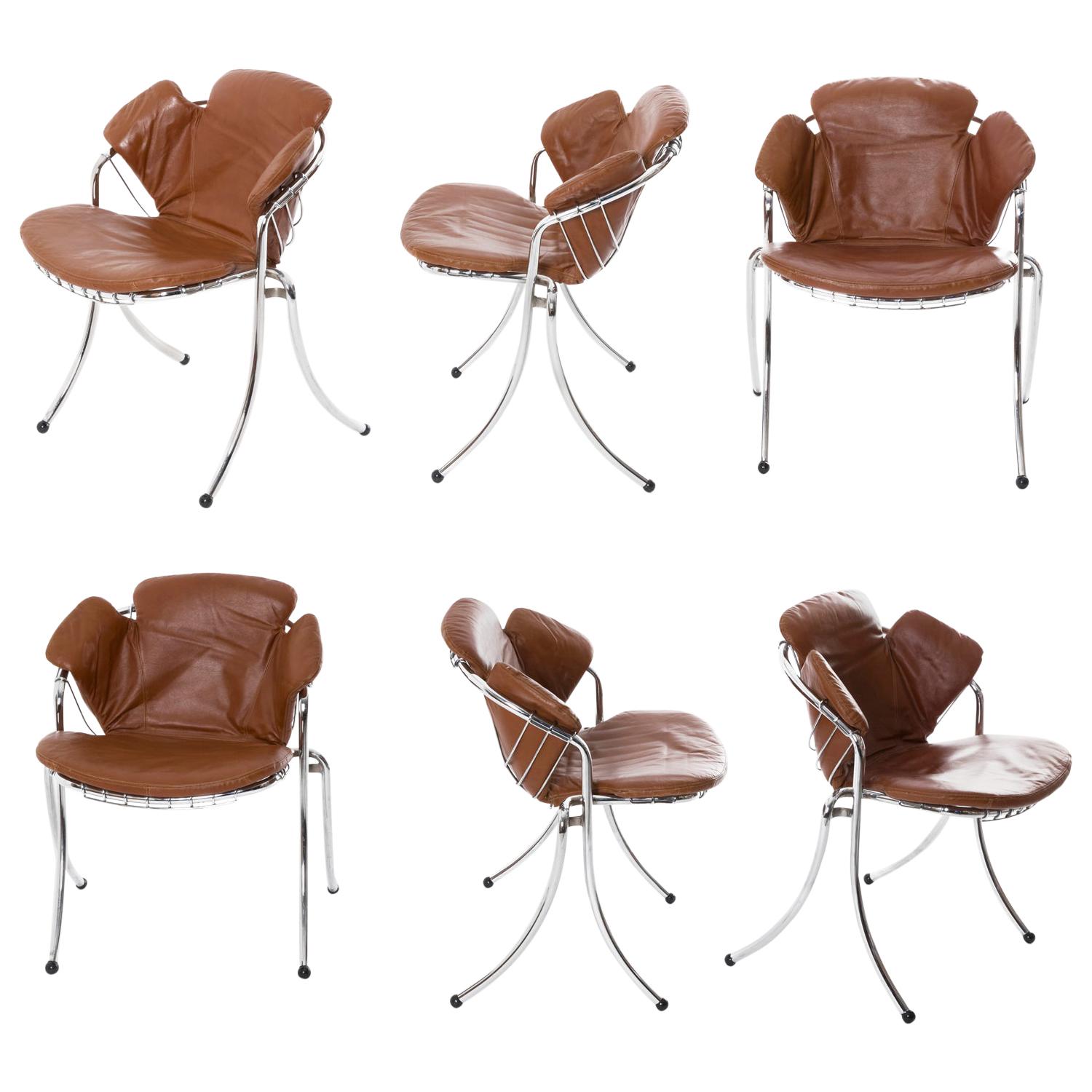 "Lynn" Set of 6 Chrome and Leather Chairs for RIMA, 1970