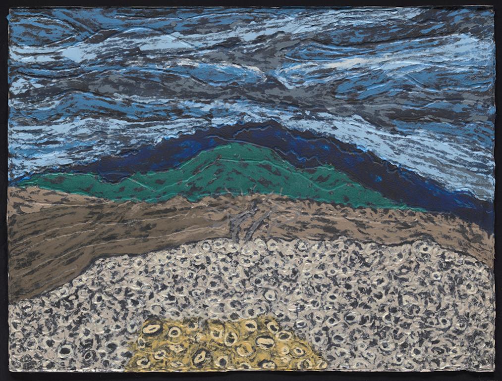  "Windy Night, Olorgesailie",  Pigmented flax and Eembossed Paper Pulp Painting 
