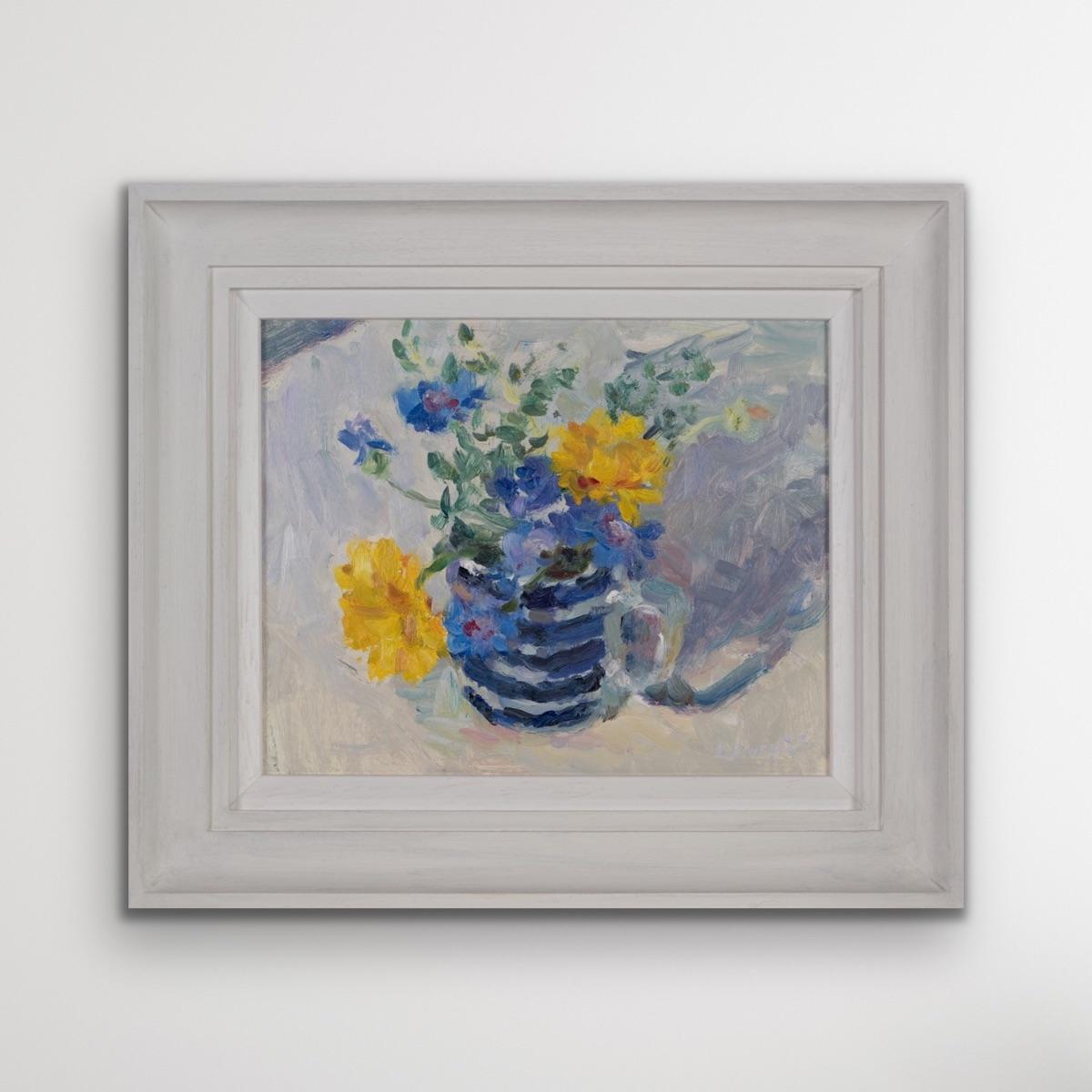 Marigolds, Cornflower and Thyme, Impressionist Style Art, Still Life Floral Art - Gray Landscape Painting by Lynne Cartlidge 