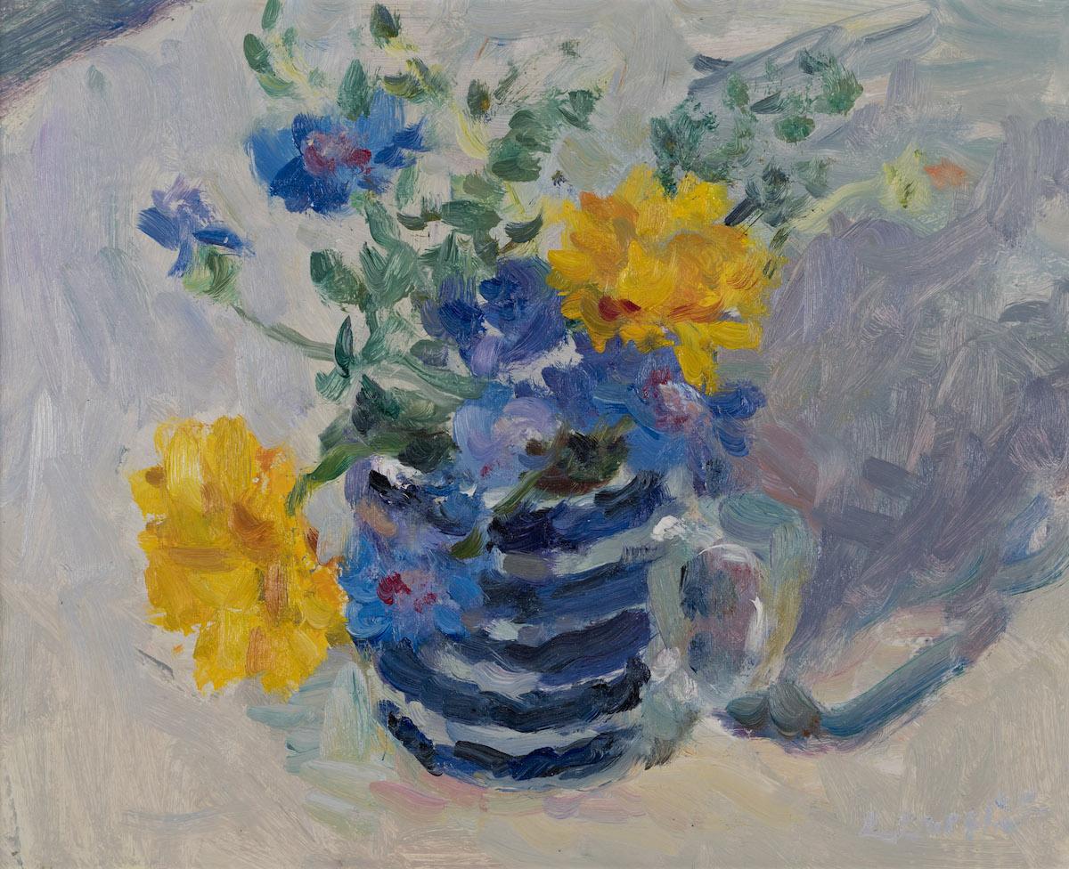 Marigolds, Cornflower and Thyme, Impressionist Style Art, Still Life Floral Art For Sale 2