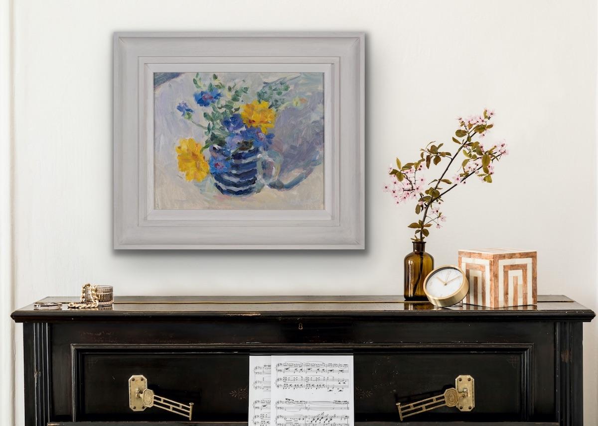 Marigolds, Cornflower and Thyme, Impressionist Style Art, Still Life Floral Art For Sale 3