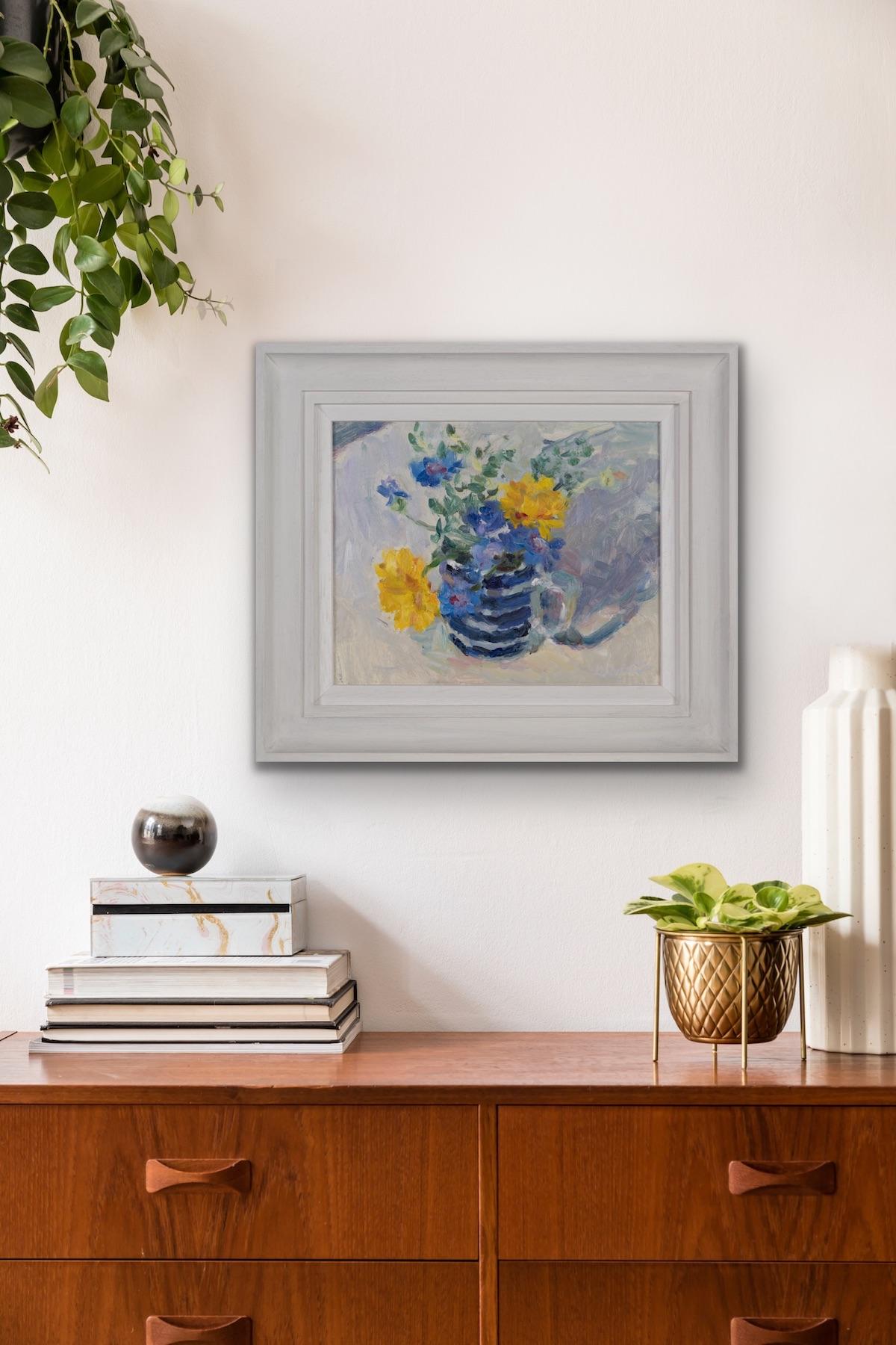 Marigolds, Cornflower and Thyme, Impressionist Style Art, Still Life Floral Art For Sale 5