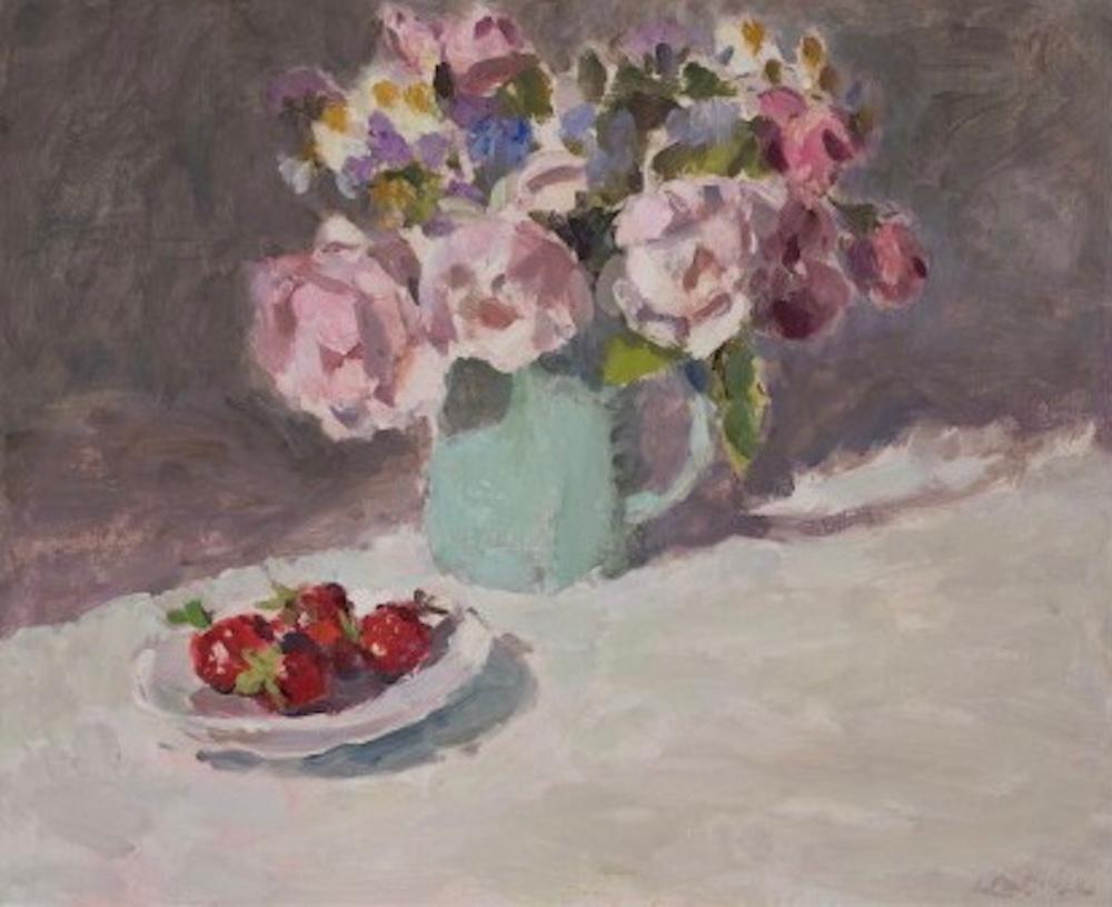 Roses in Blue Jug with Strawberries by Lynne Cartlidge, Impressionist inspired  For Sale 2