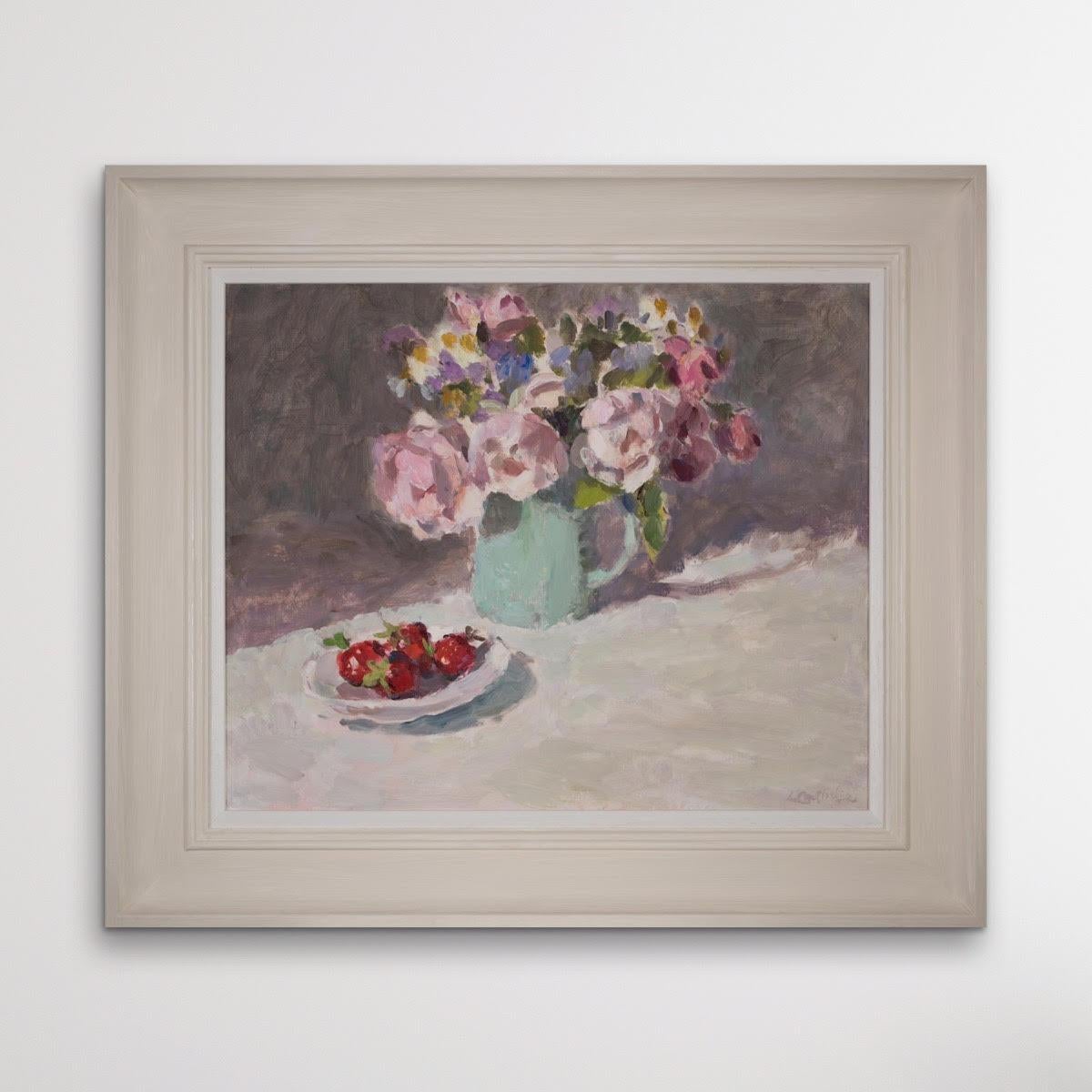 Roses in Blue Jug with Strawberries by Lynne Cartlidge, Impressionist inspired  - Brown Landscape Painting by Lynne Cartlidge 