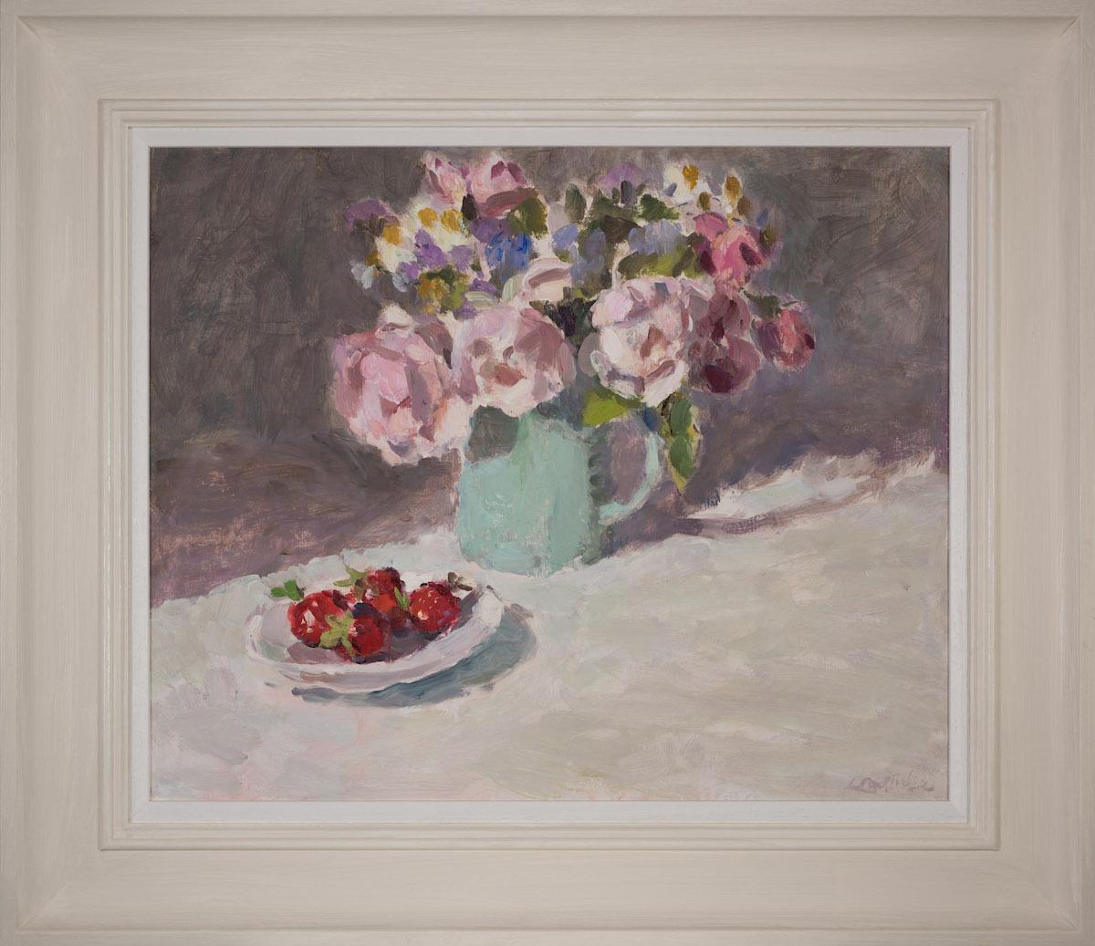 Roses in Blue Jug with Strawberries by Lynne Cartlidge, Impressionist inspired 