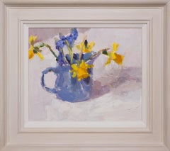 Grape Hyacinths and Daffodils in a Blue Jug BY LYNNE CARTLIDGE, Original Art