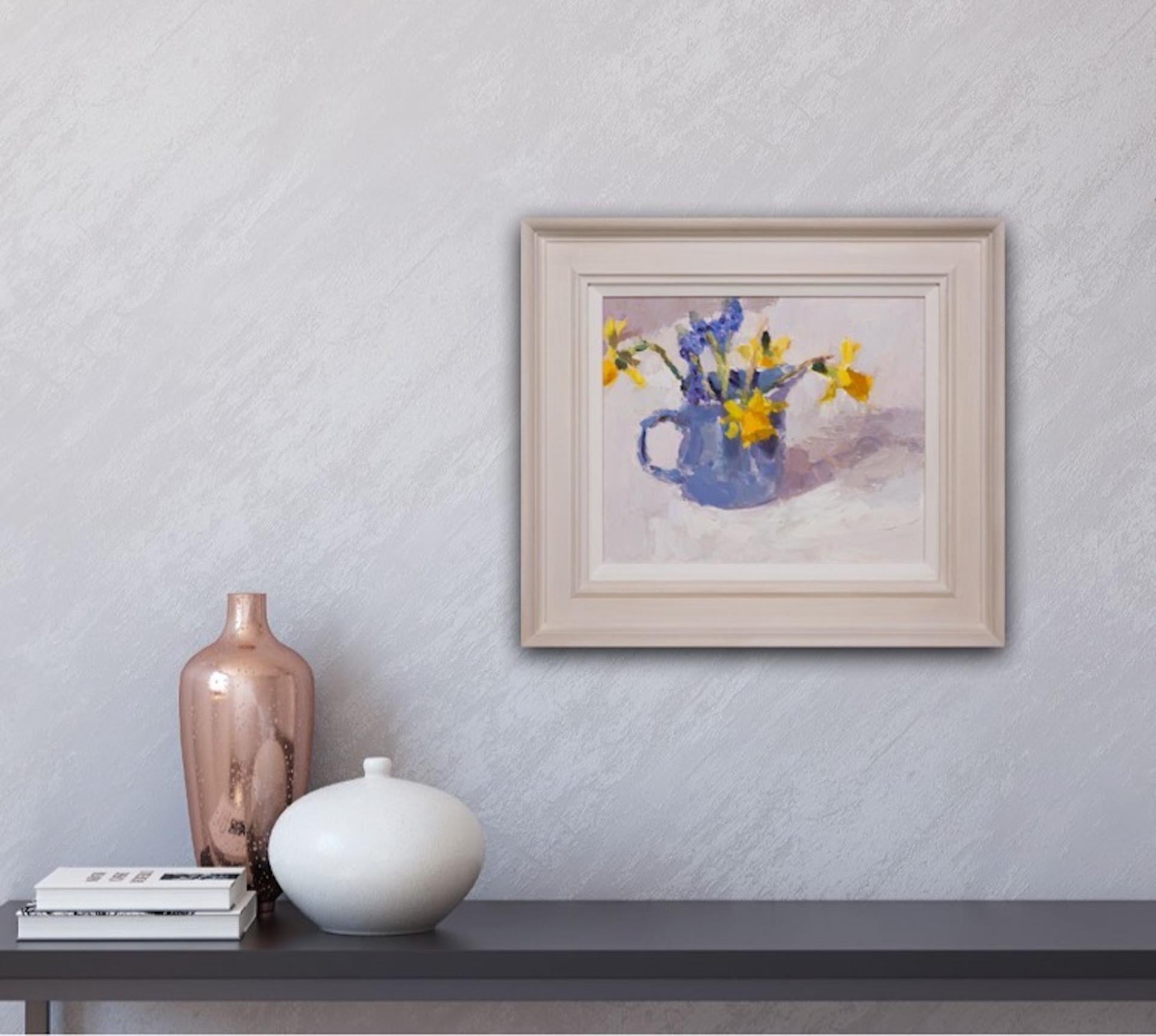 Lynne Cartlidge
Grape Hyacinths and Daffodils in a Blue Jug
Original Still Life Painting
Oil Paint on Board
Image Size: H 25cm x W 30.2cm x D 0.6cm
Framed Size: H 38cm x W 43cm x D 3.3cm
Sold Framed in an Off-White Frame
Please note that insitu