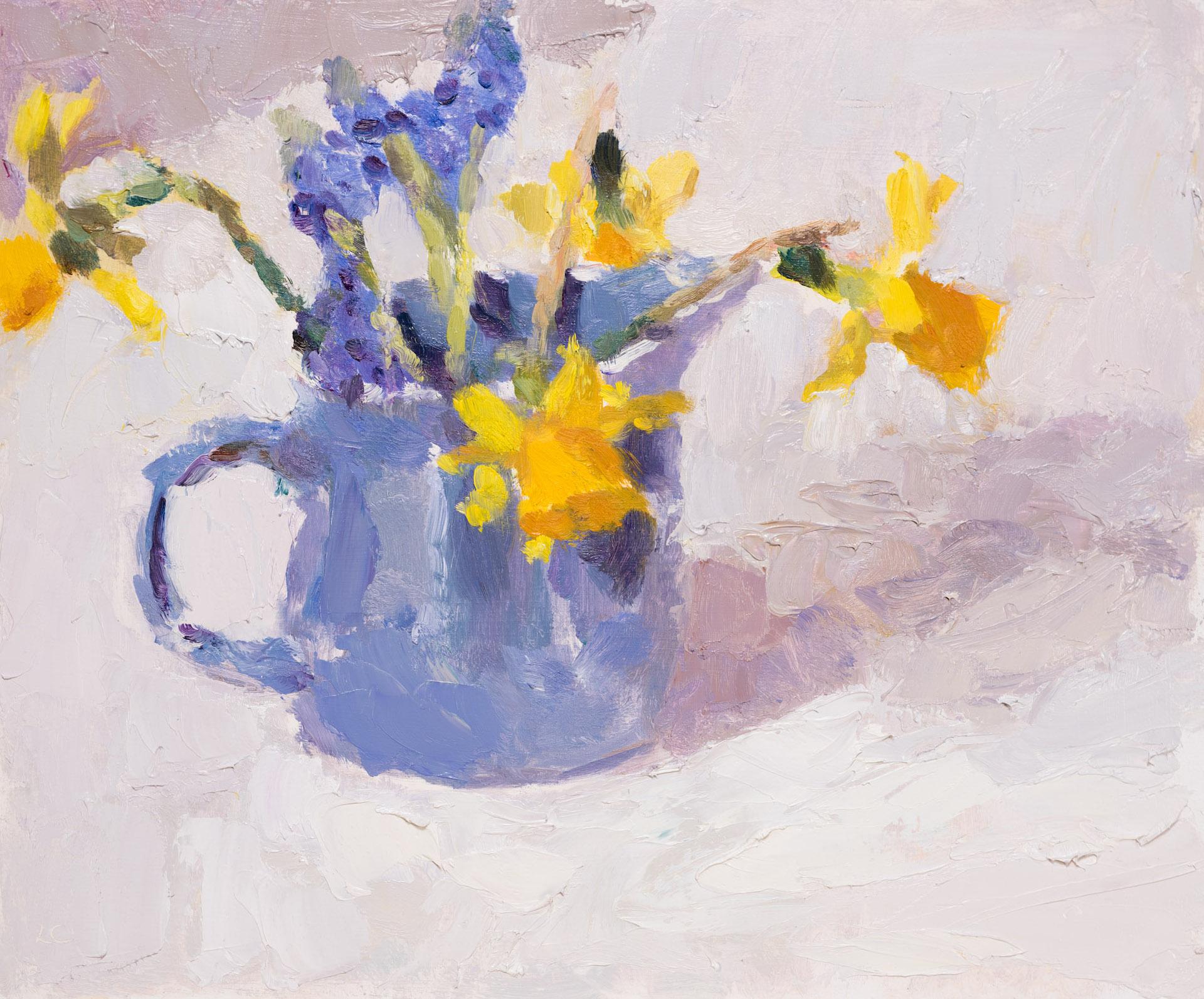 Lynne Cartlidge Abstract Painting - Grape Hyacinths and Daffodils in a Blue Jug BY LYNNE CARTLIDGE, Original Art