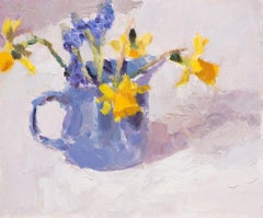 Grape Hyacinths and Daffodils in a Blue Jug BY LYNNE CARTLIDGE, Original Art