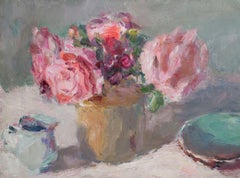 Lynne Cartlidge, Roses avec une cruche bleue, peinture florale d'origine de nature morte