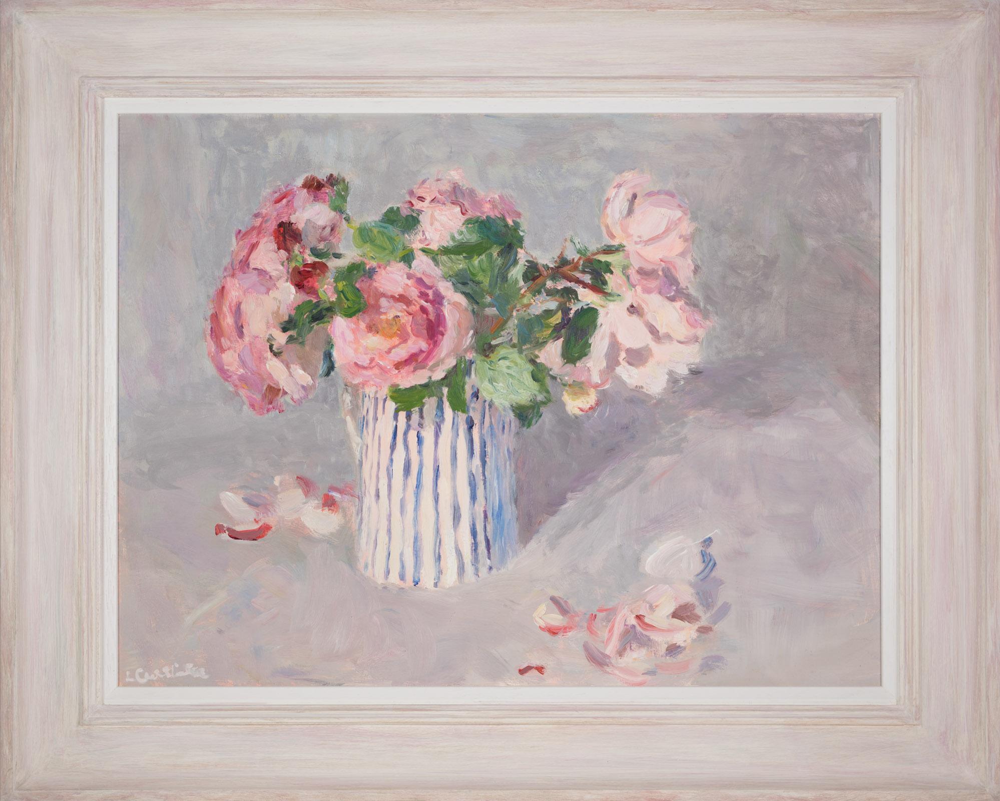 Roses in a Striped Jug, Original painting, Pink Roses, Floral art, Still life - Painting by Lynne Cartlidge