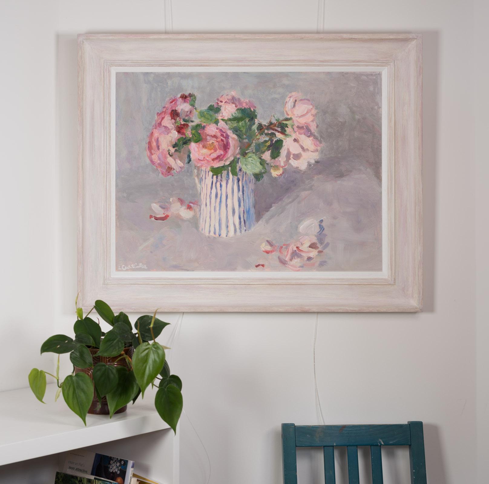 Roses in a Striped Jug, Original painting, Pink Roses, Floral art, Still life - Contemporary Painting by Lynne Cartlidge