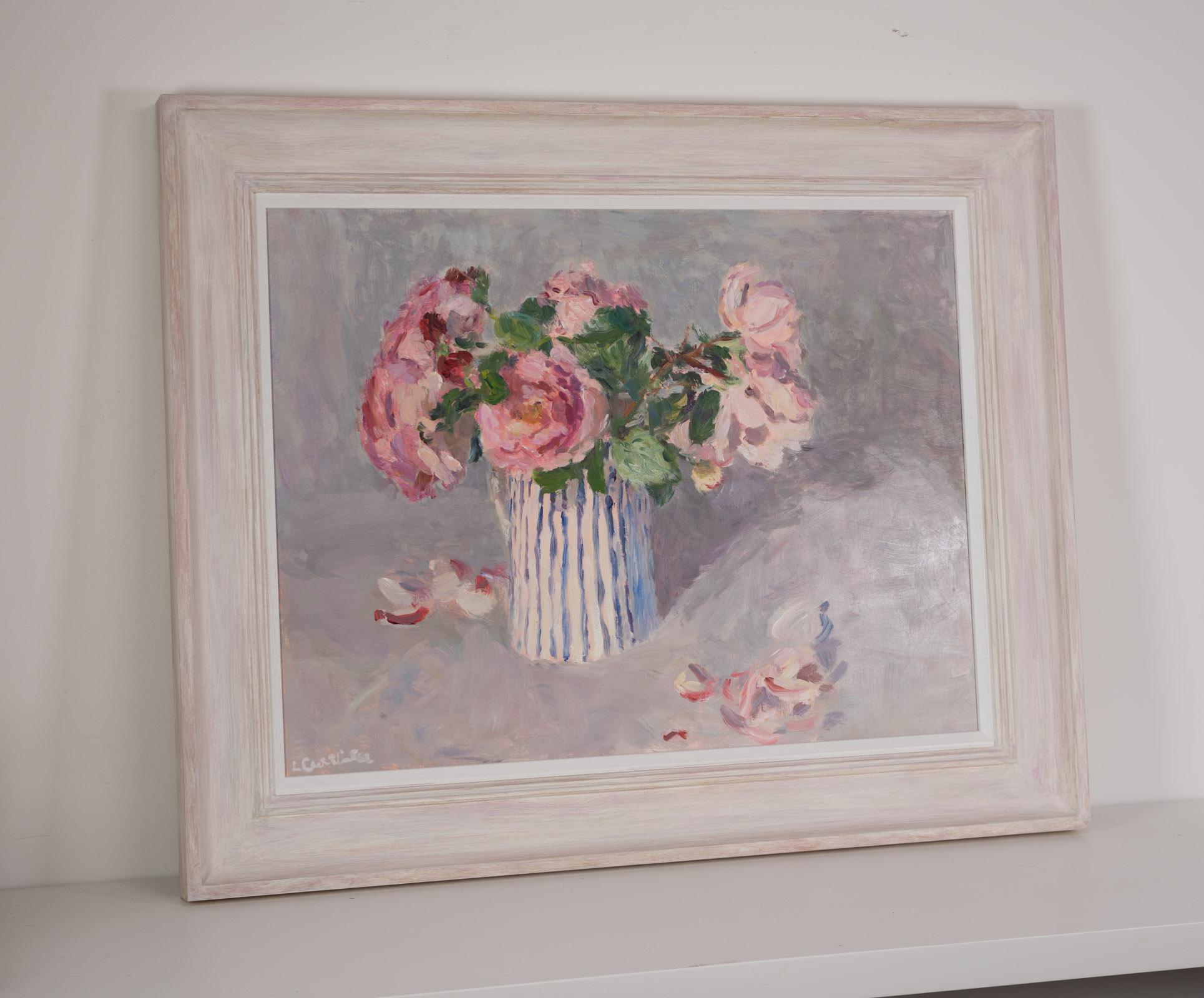 An original painting by Lynne Cartlidge. Roses in oblique light painted from life. That summer sultry atmosphere when the roses thrive in Britain, but it's almost too warm and their petals drop.

Additional information:
Roses in a Striped Jug [2023]