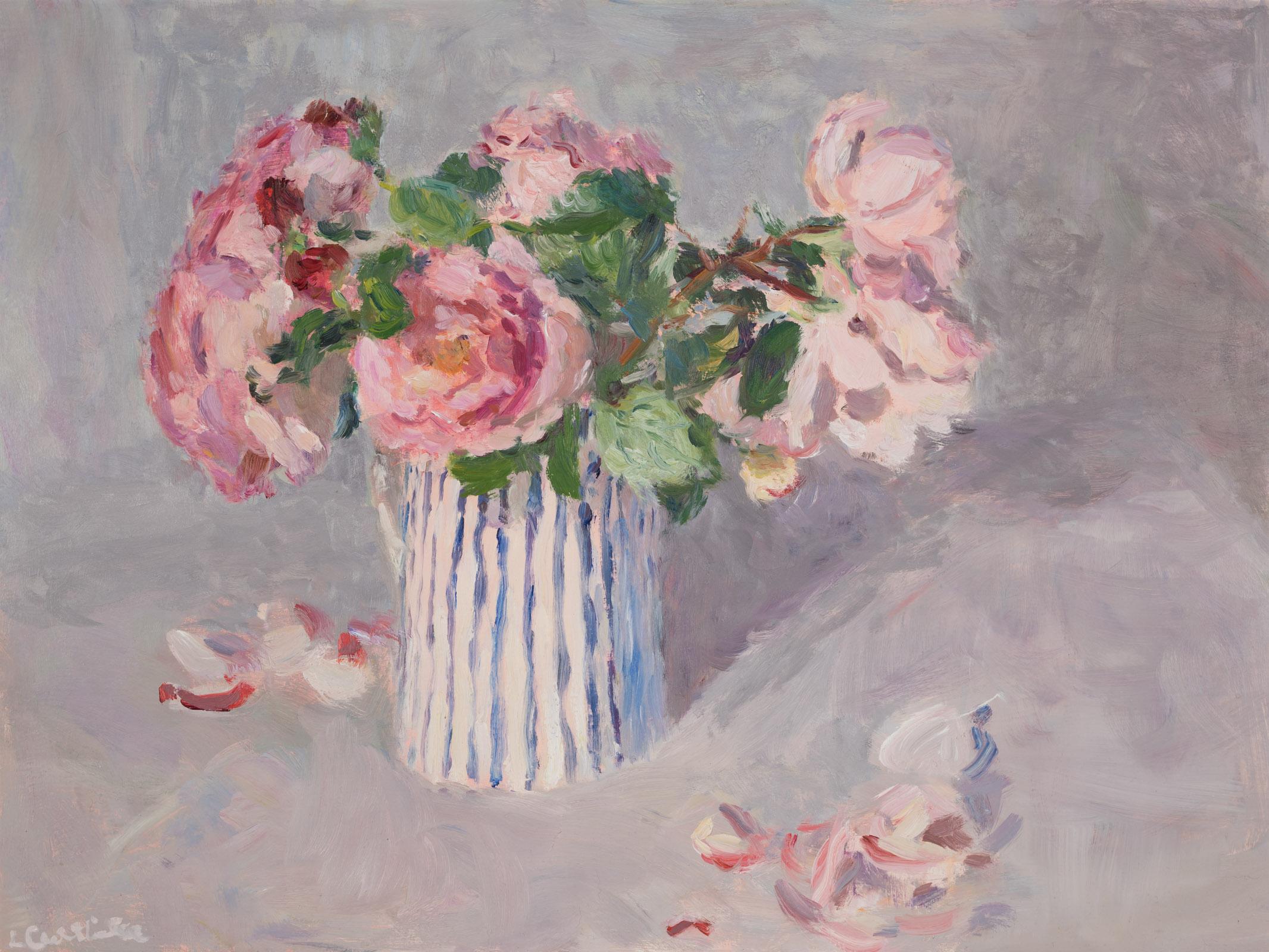 Roses in a Striped Jug, Originalgemälde, Rosa Rosen, Blumenkunst, Stillleben