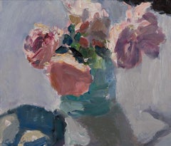 Roses in a Turquoise Jug 2, Lynne Cartlidge, Kunst im impressionistischen Stil, Stillleben