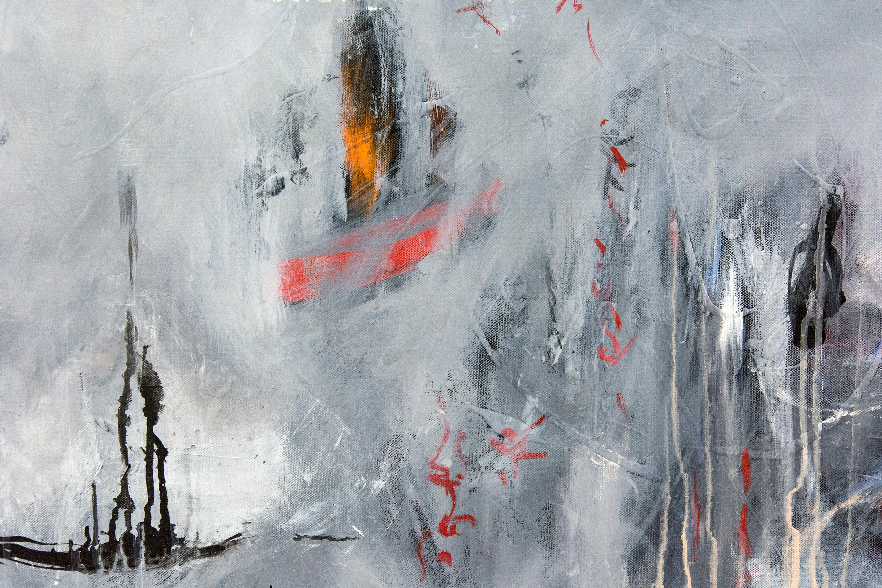 Avalon - large, warm, smokey grey, gestural, atmospheric acrylic on paper - Contemporary Painting by Lynne Fernie