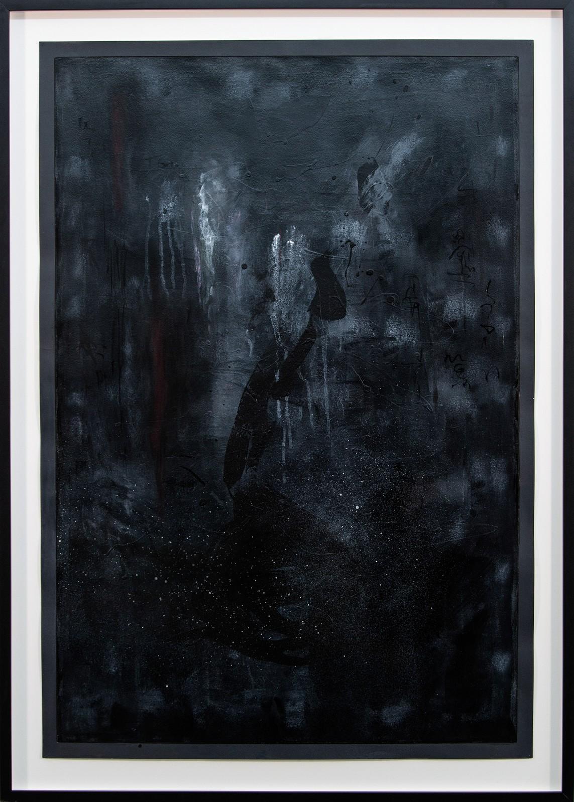 Lynne Fernie Abstract Drawing - Forest at Night - large, dark, smokey, gestural, atmospheric acrylic on paper