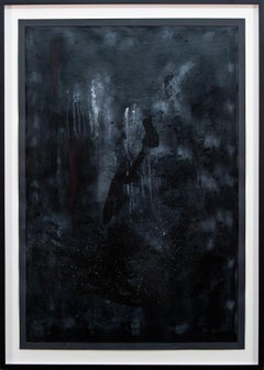 Forest at Night - large, dark, smokey, gestural, atmospheric acrylic on paper