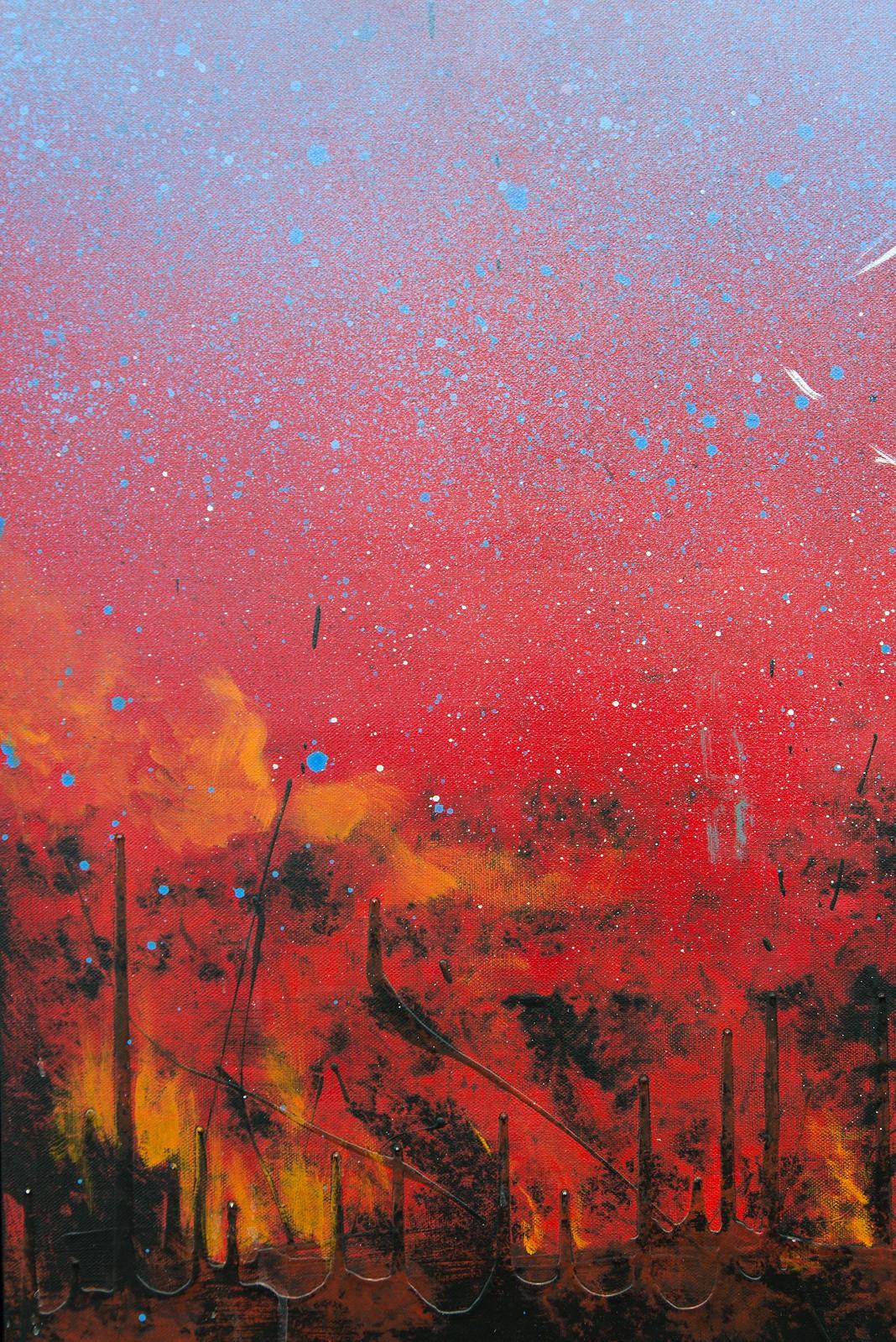 Una nuvola eterea di blu intenso fluttua sulla tela su uno sfondo di rosso fuoco, macchie di arancione e gocce di vernice nera in questo vibrante acrilico di Lynne Fernie di Toronto. 

