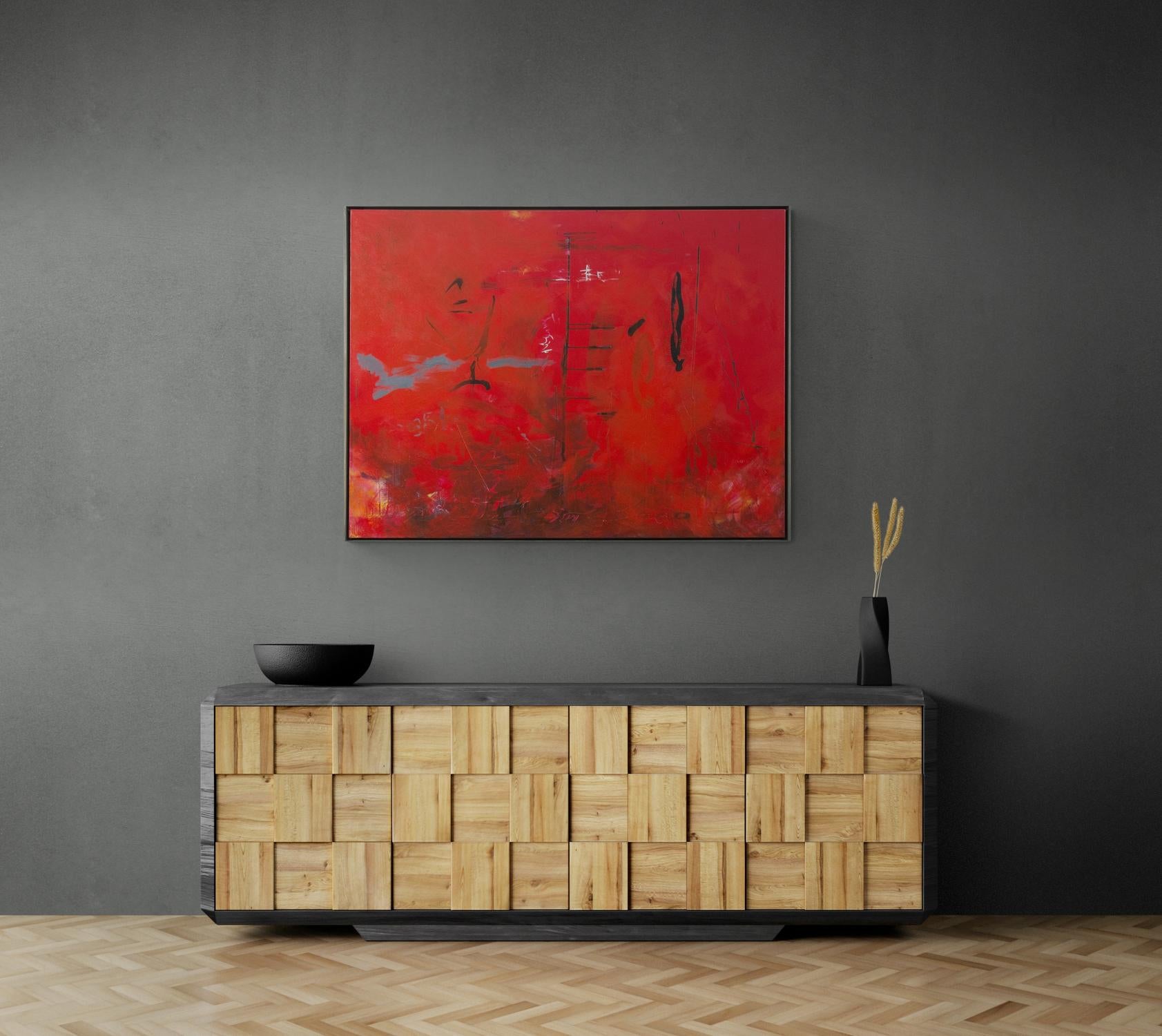 Seeing Through Red - bold, vibrant, gestural abstraction, acrylic on canvas For Sale 2