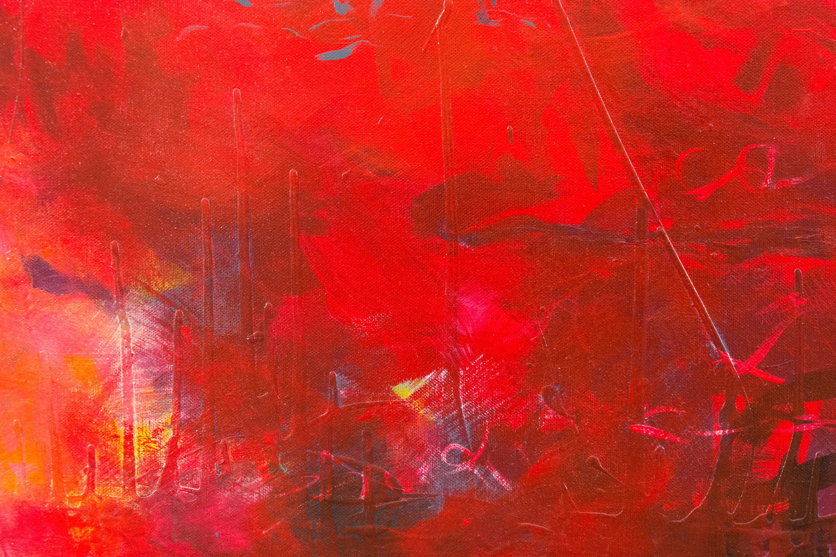 Tratti di carbone e nero danzano su un fondo rosso fuoco in questo emozionante dipinto ad acrilico di Lynne Fernie.

Lynne Fernie è un'artista di Toronto, laureata alla OCAD University e premiata come documentarista. Ha ricevuto sovvenzioni per le