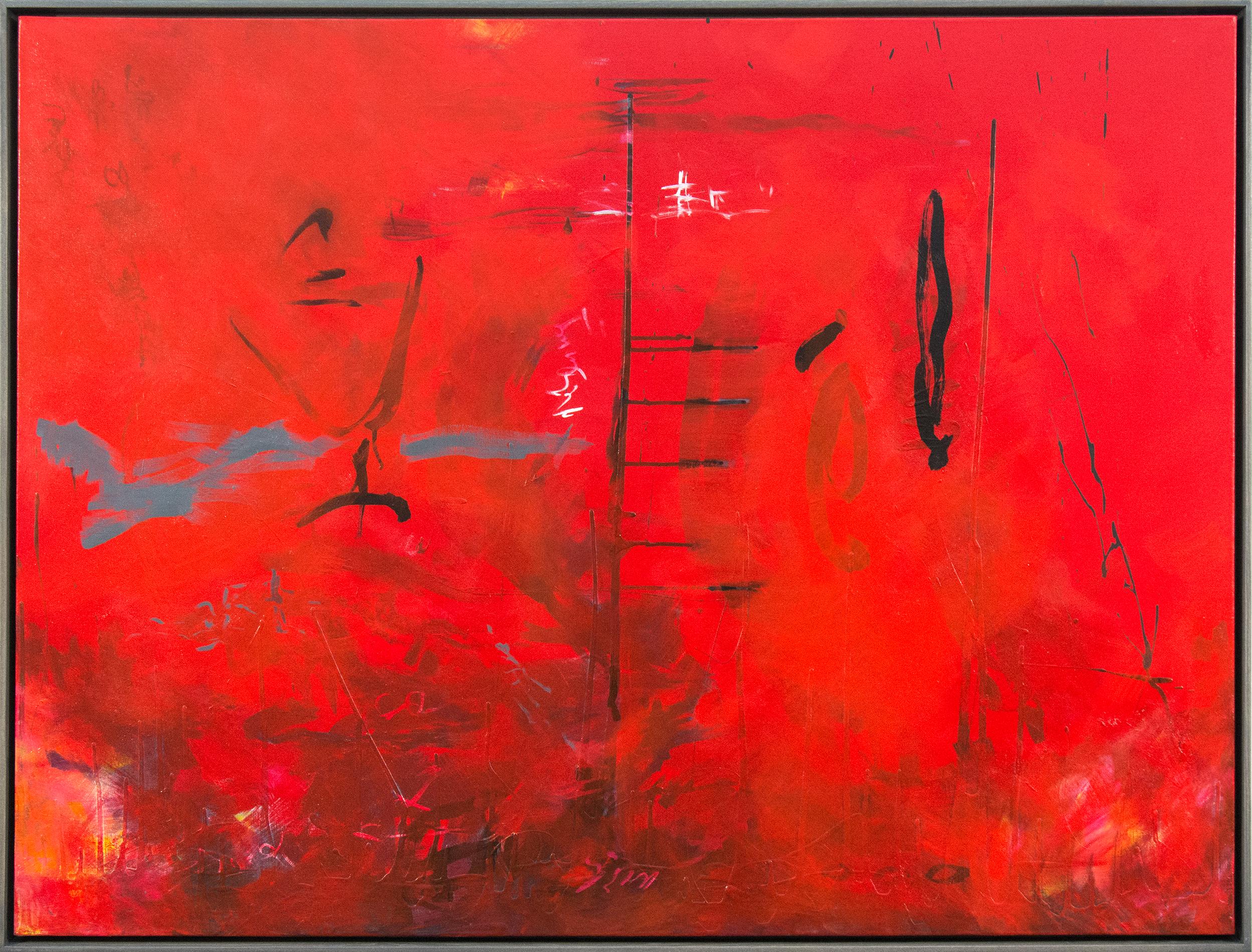 Seeing Through Red - bold, vibrant, gestural abstraction, acrylic on canvas - Painting by Lynne Fernie