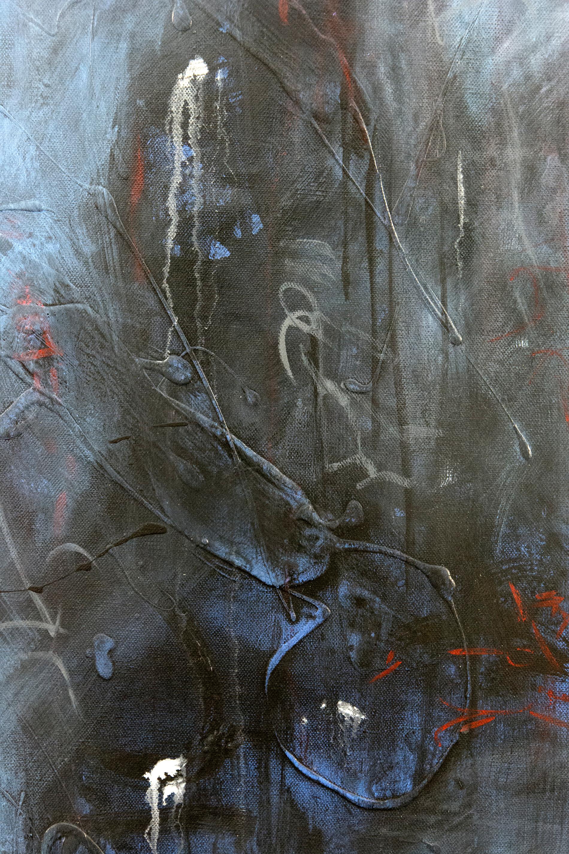 Dashes of crimson and black dance on a smokey-blue ground in this atmospheric acrylic painting by Lynne Fernie. 

Fernie is a Toronto artist, OCAD honors graduate and award-winning documentary filmmaker. She has been the recipient of arts and film