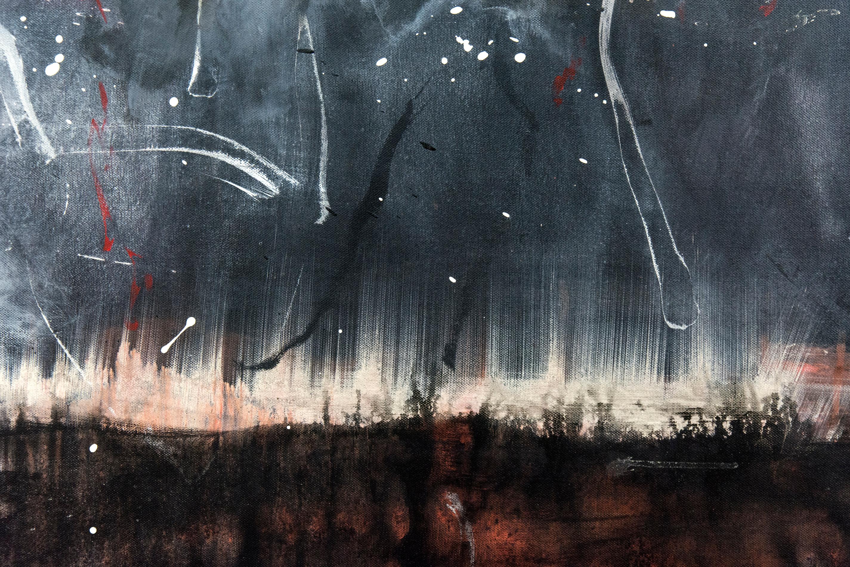 Storm - large, dark, smoky, atmospheric abstracted landscape, acrylic on canvas - Painting by Lynne Fernie