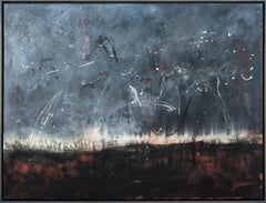 Storm - large, dark, smoky, atmospheric abstracted landscape, acrylic on canvas
