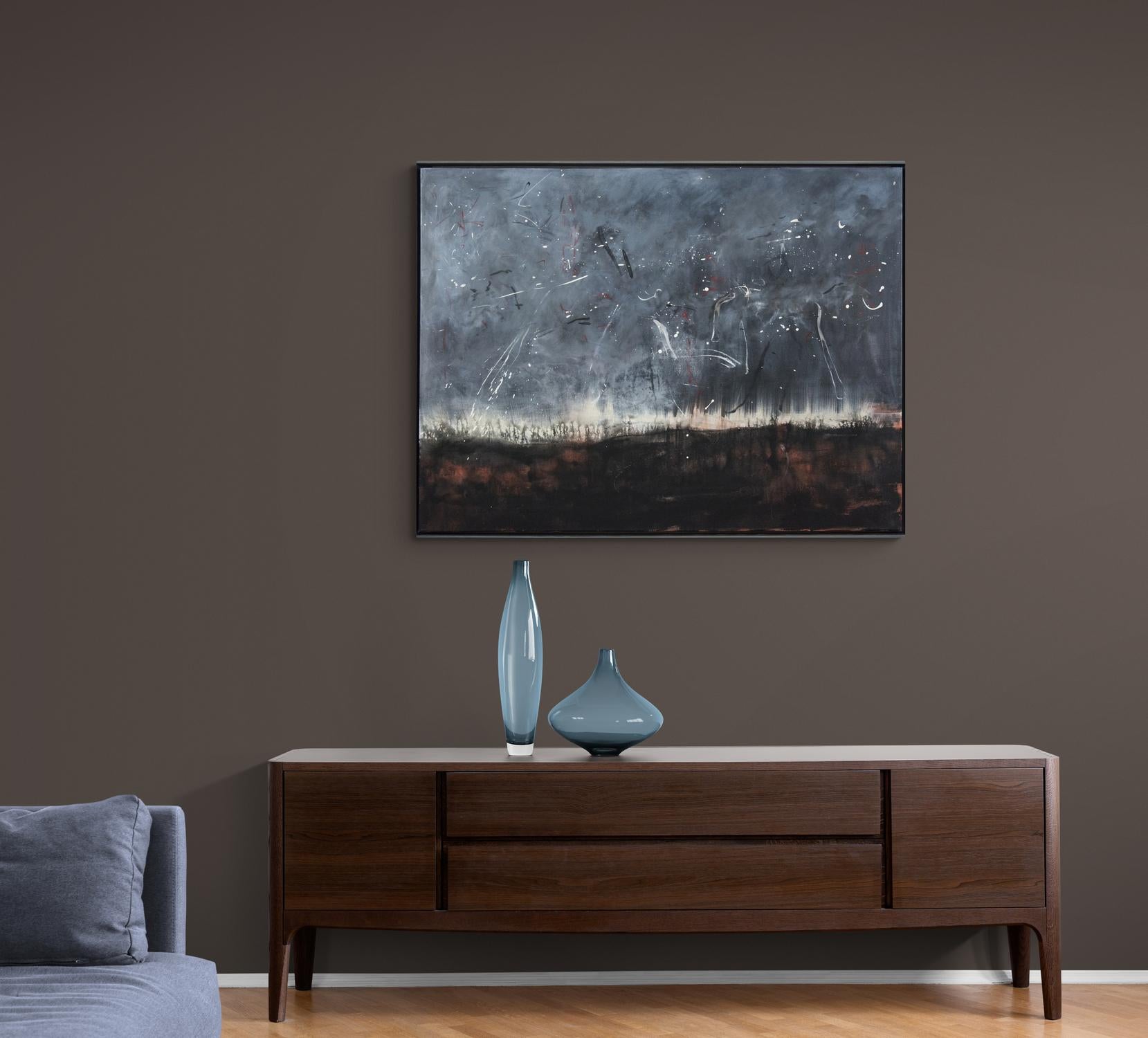 Storm - large, dark, smoky, atmospheric abstracted landscape, acrylic on canvas - Gray Abstract Painting by Lynne Fernie