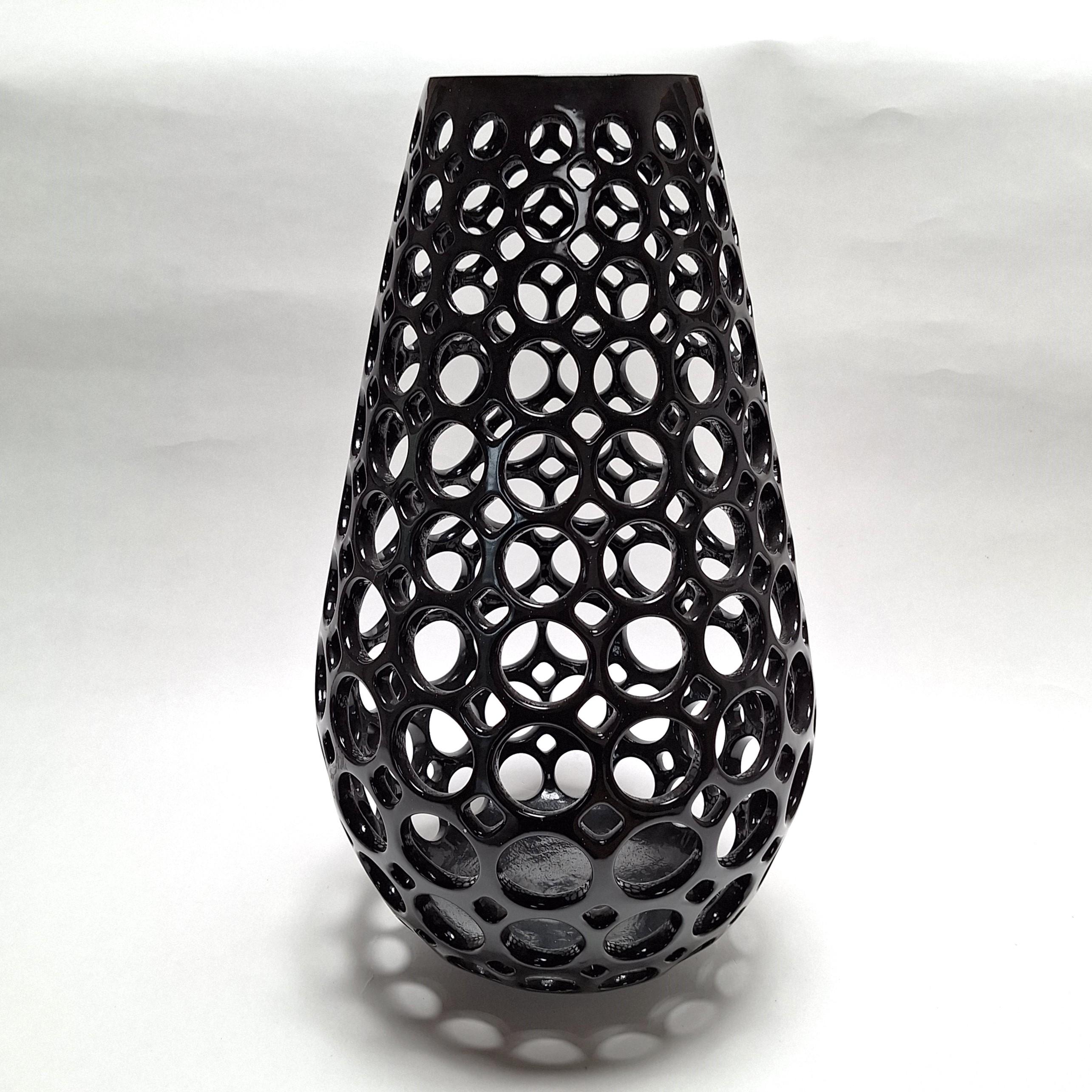 Elongated Teardrop Round Lace Black - contemporary modern ceramic vessel object - Contemporary Sculpture by Lynne Meade