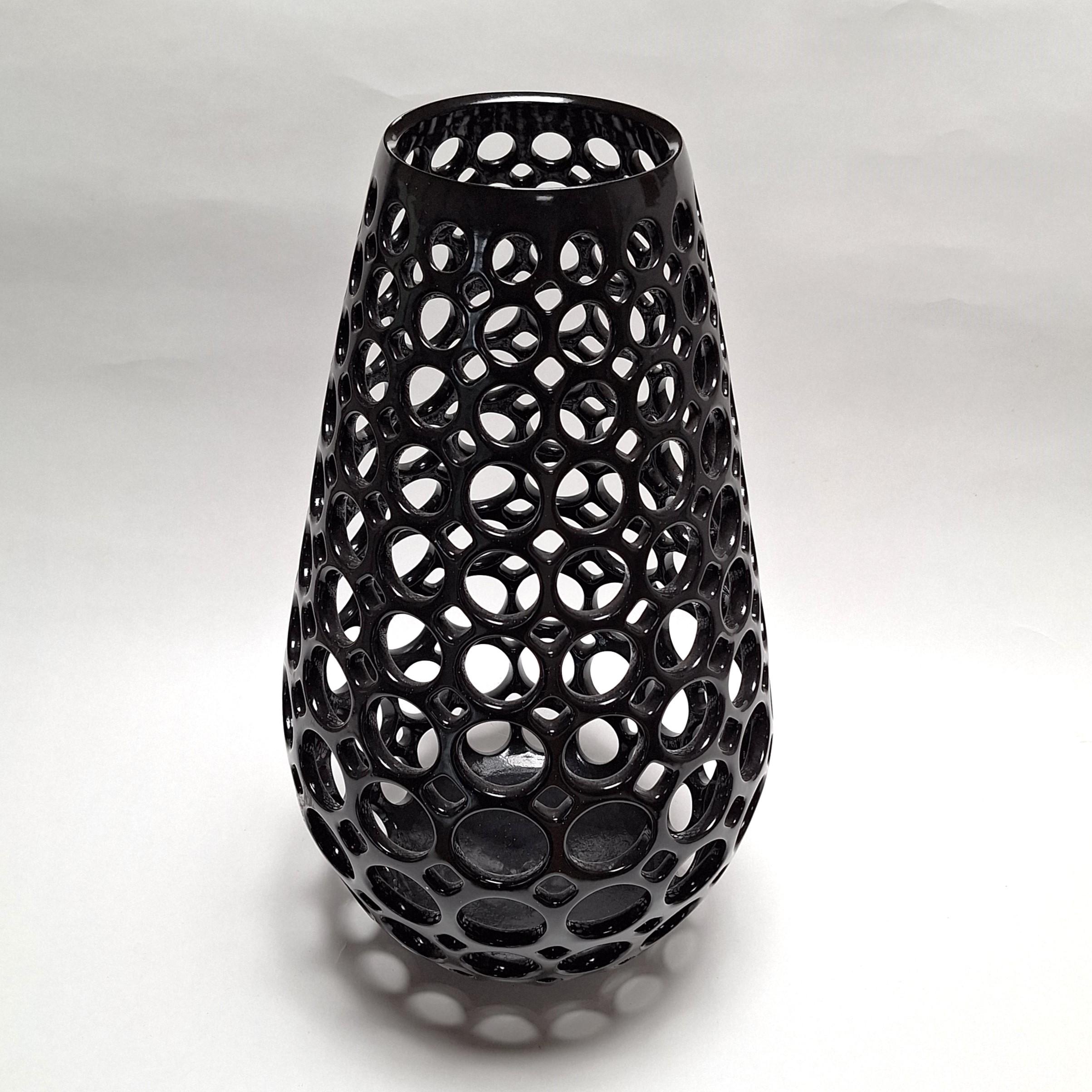 Lynne Meade Abstract Sculpture - Elongated Teardrop Round Lace Black - contemporary modern ceramic vessel object