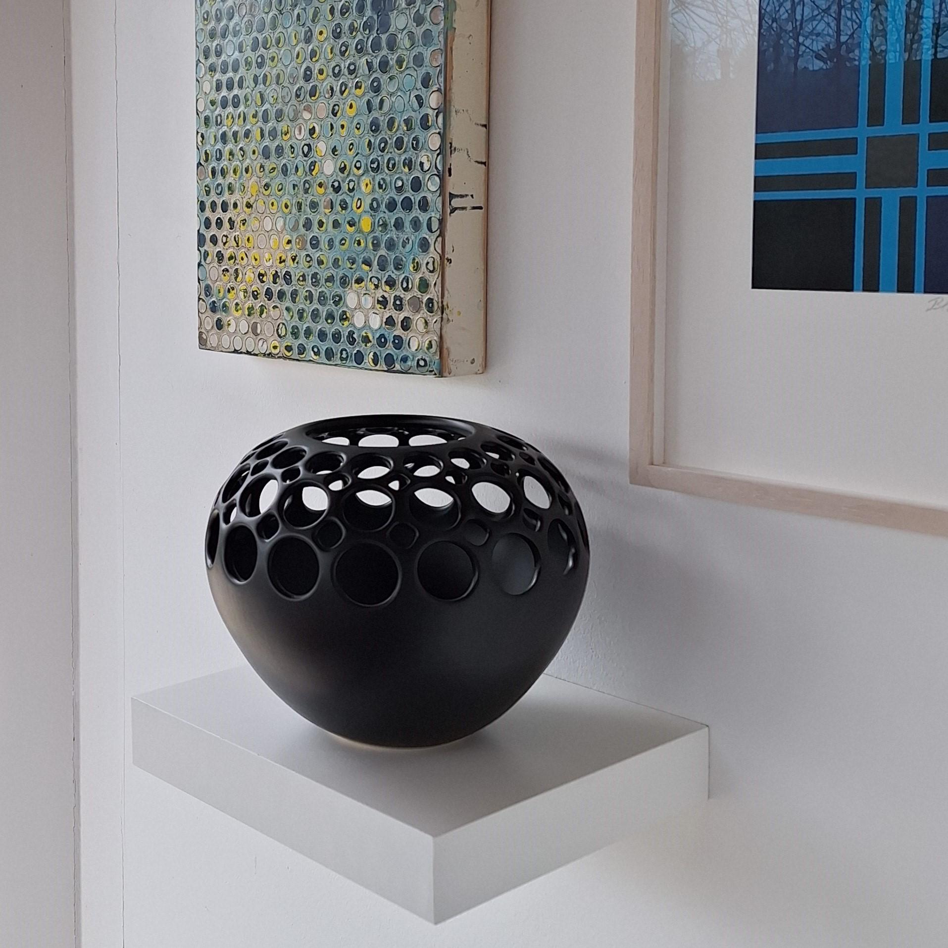 Orb Demi Round Lace Black - contemporary modern ceramic vessel object - Contemporary Art by Lynne Meade