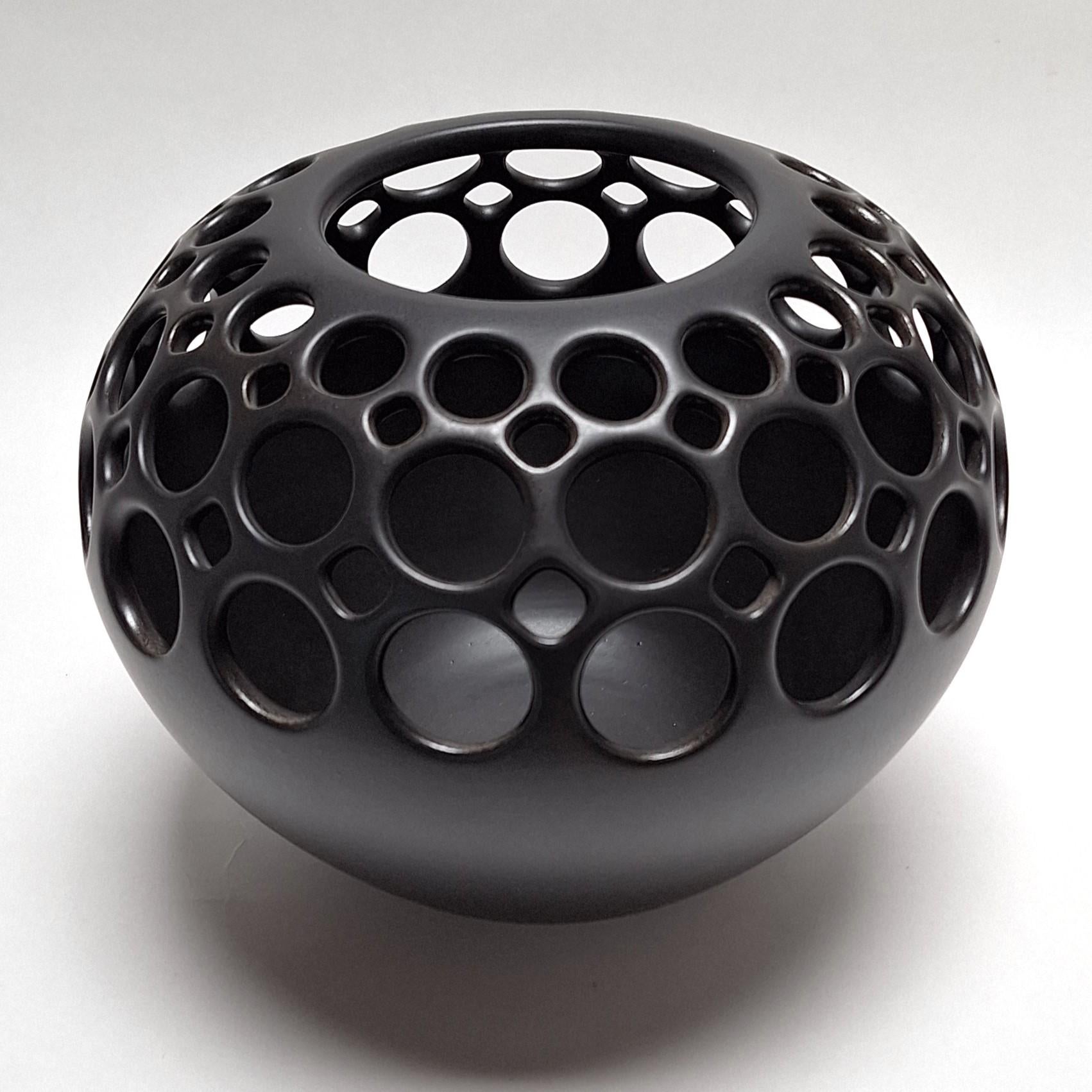 Orb Demi Round Lace Black - contemporary modern ceramic vessel object - Art by Lynne Meade