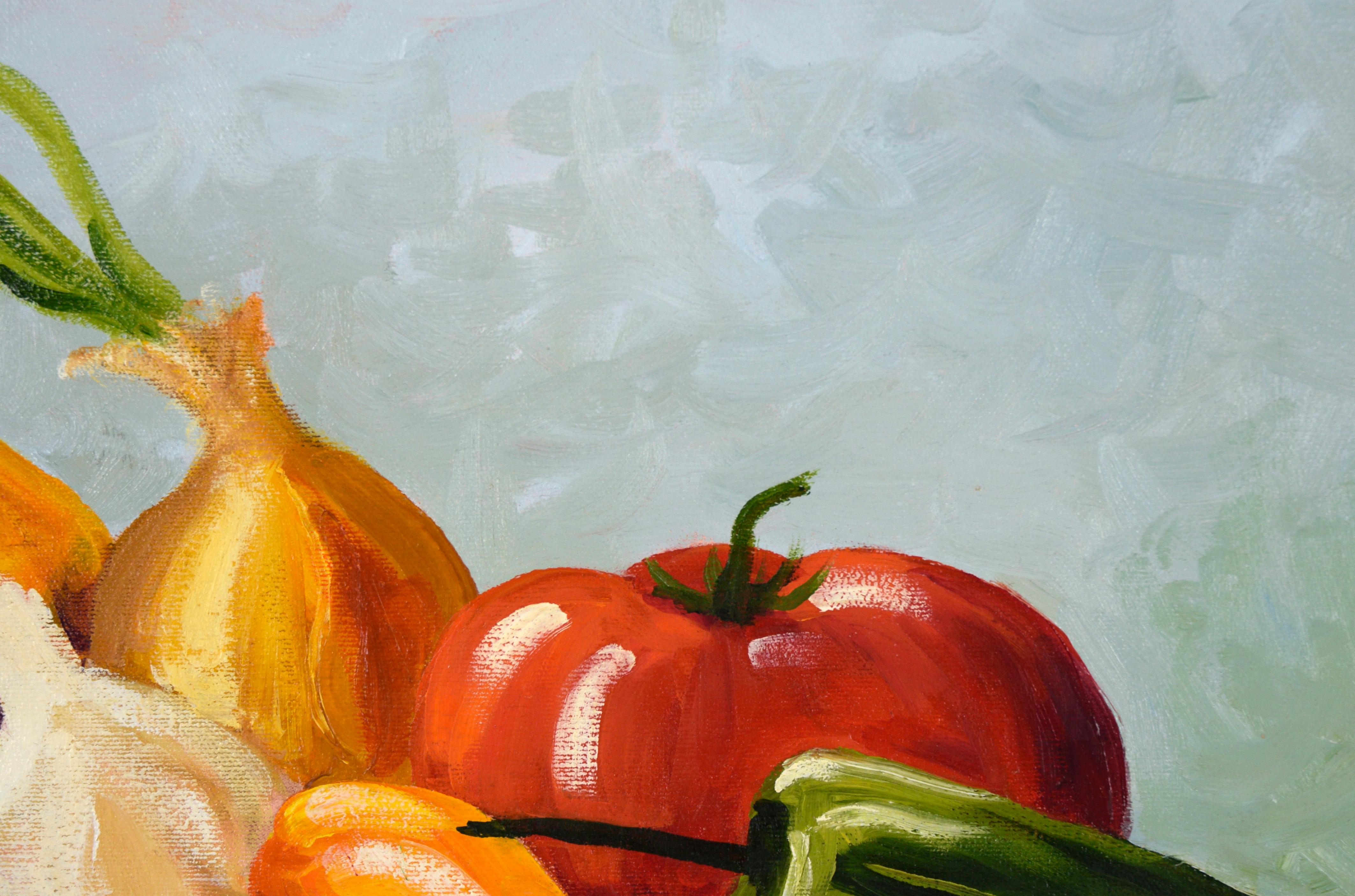 Récolte sur le comptoir de la cuisine - Nature morte contemporaine à l'huile sur toile

Vibrante nature morte de légumes de Lynne Patton (américaine, née en 1955). Plusieurs légumes du jardin sont disposés sur le comptoir de la cuisine, sous un