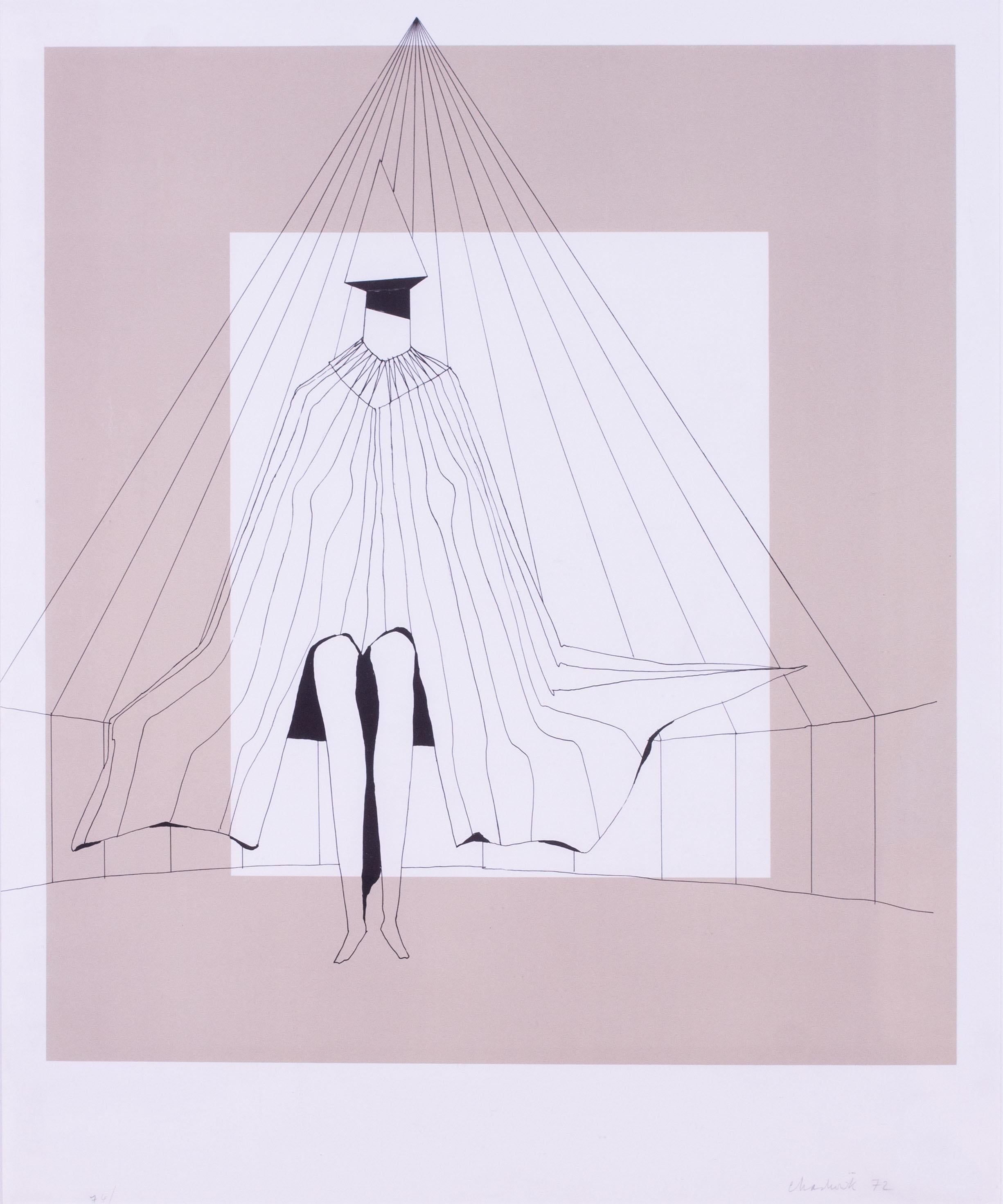 Figura abstracta sentada, litografía de la escultora británica Lynne Russell Chadwick 1
