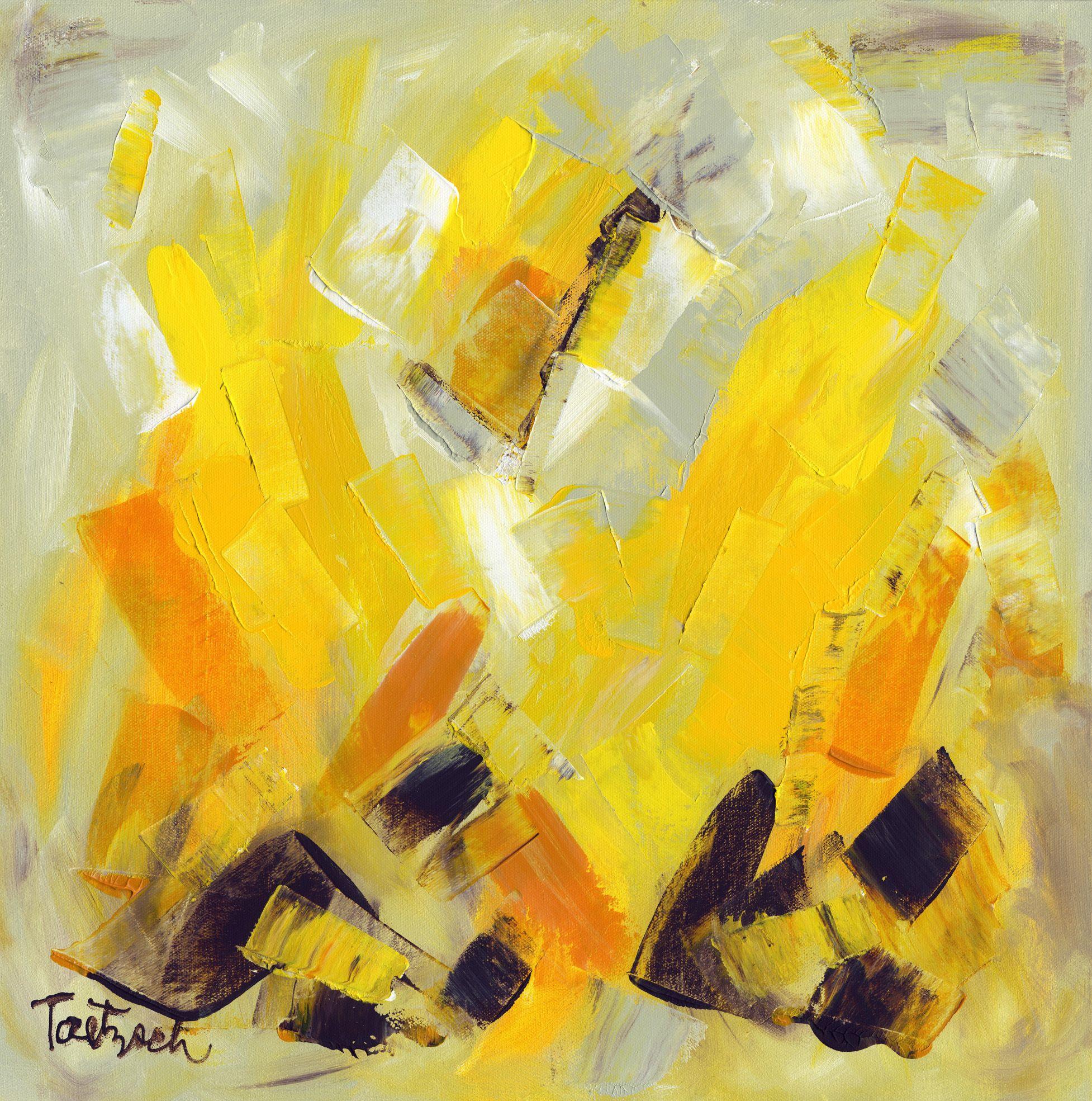 20" x 20" x 1.5"  original painting on stretched canvas, with the image continuing around the 1.5" sides so that no frame is required.  It comes wired,  ready to hang.     Lift your spirits with sun-kissed golden yellow.  This abstract expressionist