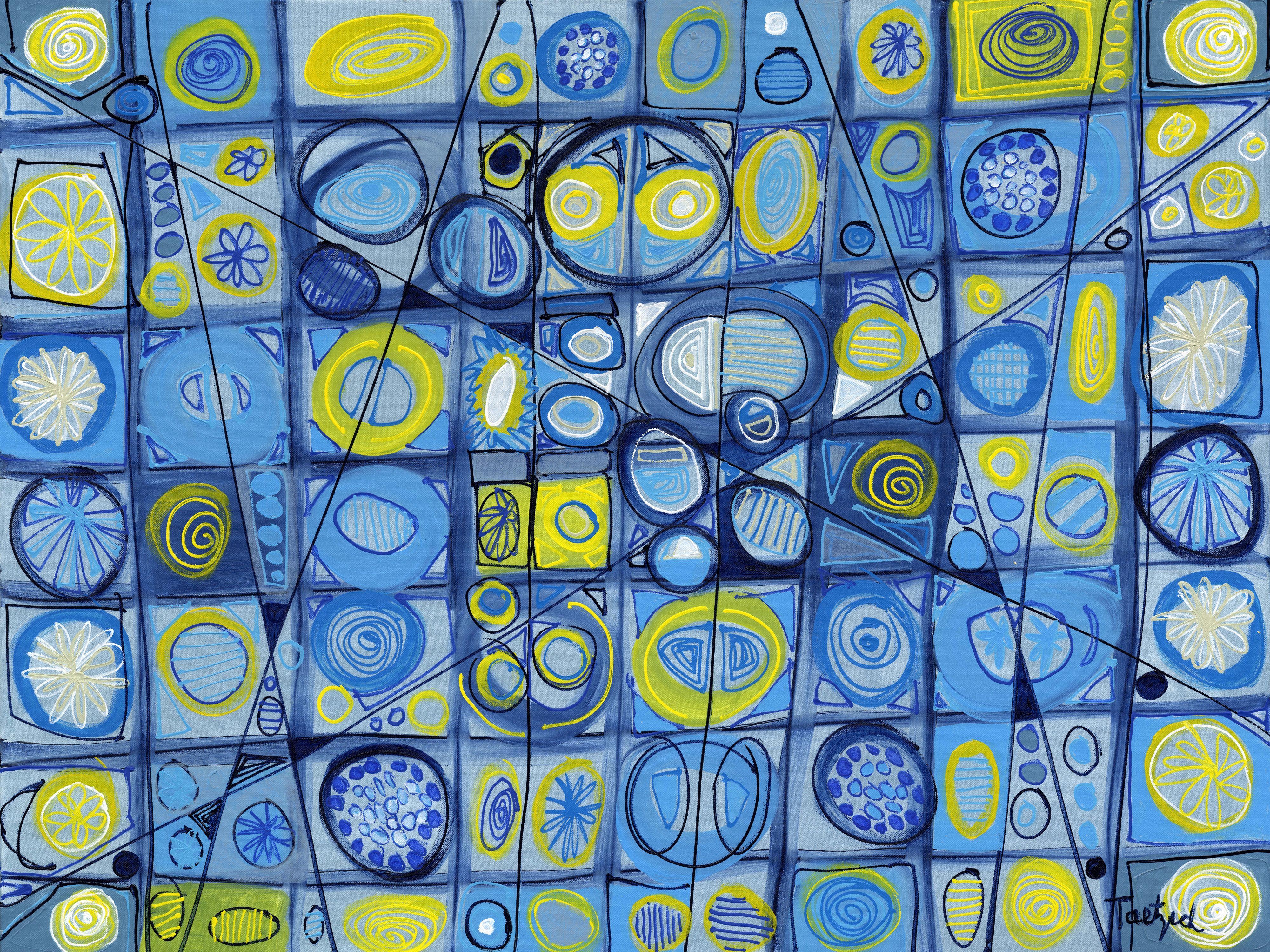 Abstract Art Sixty-Four is a playful painting of a grid filled with creative symbols and marks that might be interpreted according to your mood or time of day.  The painting is geometrical, yet free-form and spontaneous.    40" x 30" x 1.5" original
