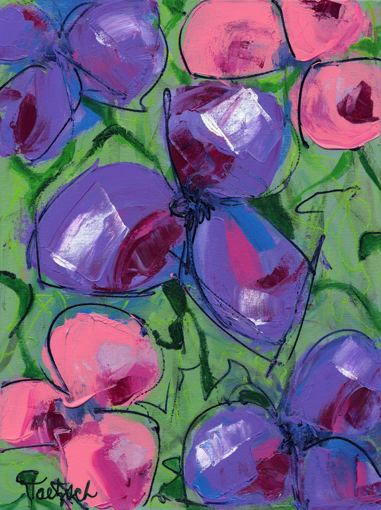 18" x 24" x 1.5" original painting on stretched canvas, with the image continuing around the sides so that no frame is required.  It comes with picture wire ready to hang.     In this floral painting, I delighted in the variations of pink and purple