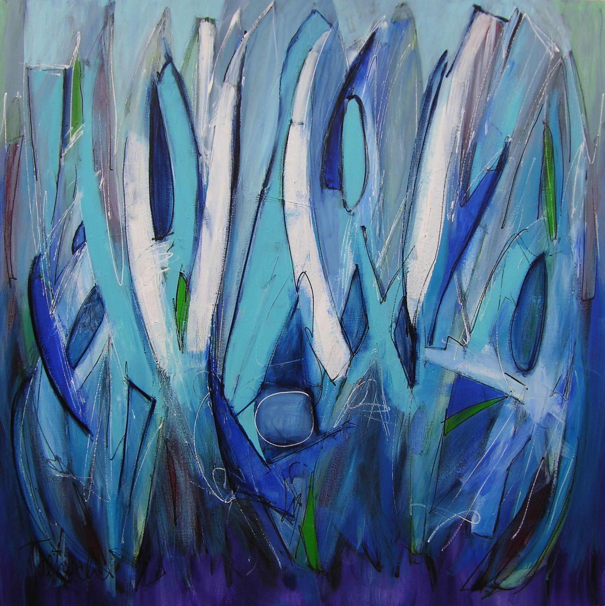 48" x 48" x 1.5" original painting on stretched canvas, with the image continuing around the sides so that no frame is required.  It comes with picture wire ready to hang.    This is a tender painting, rising from the depths of deep blue to reach
