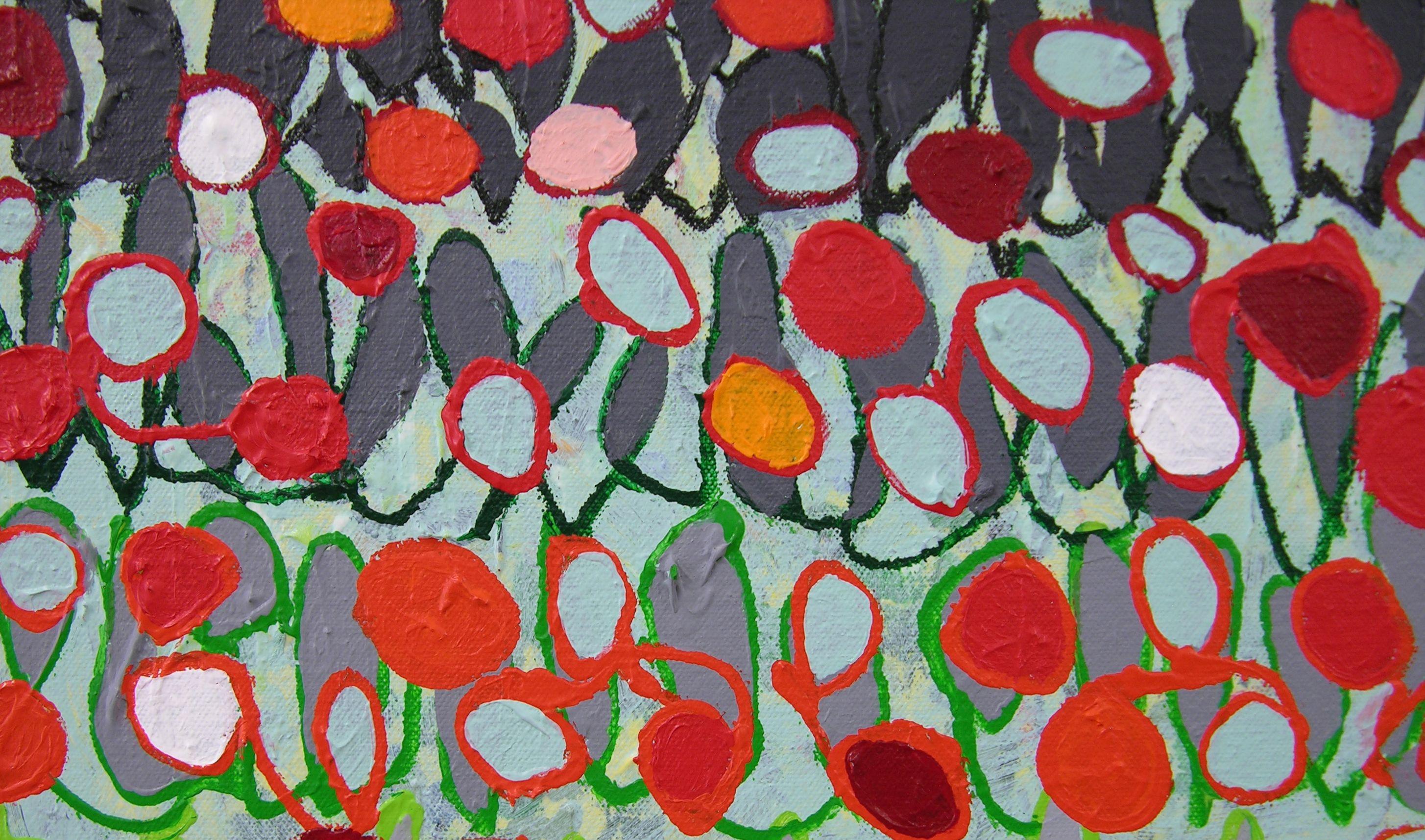 Baubles And Bubbles is a cheerful painting with bright colors and strong texture. Itâ€™s a garden party on its way to a balloon festival.    44â€ x 20â€ x 1.5â€ original painting on stretched canvas, with the image continuing around the sides so