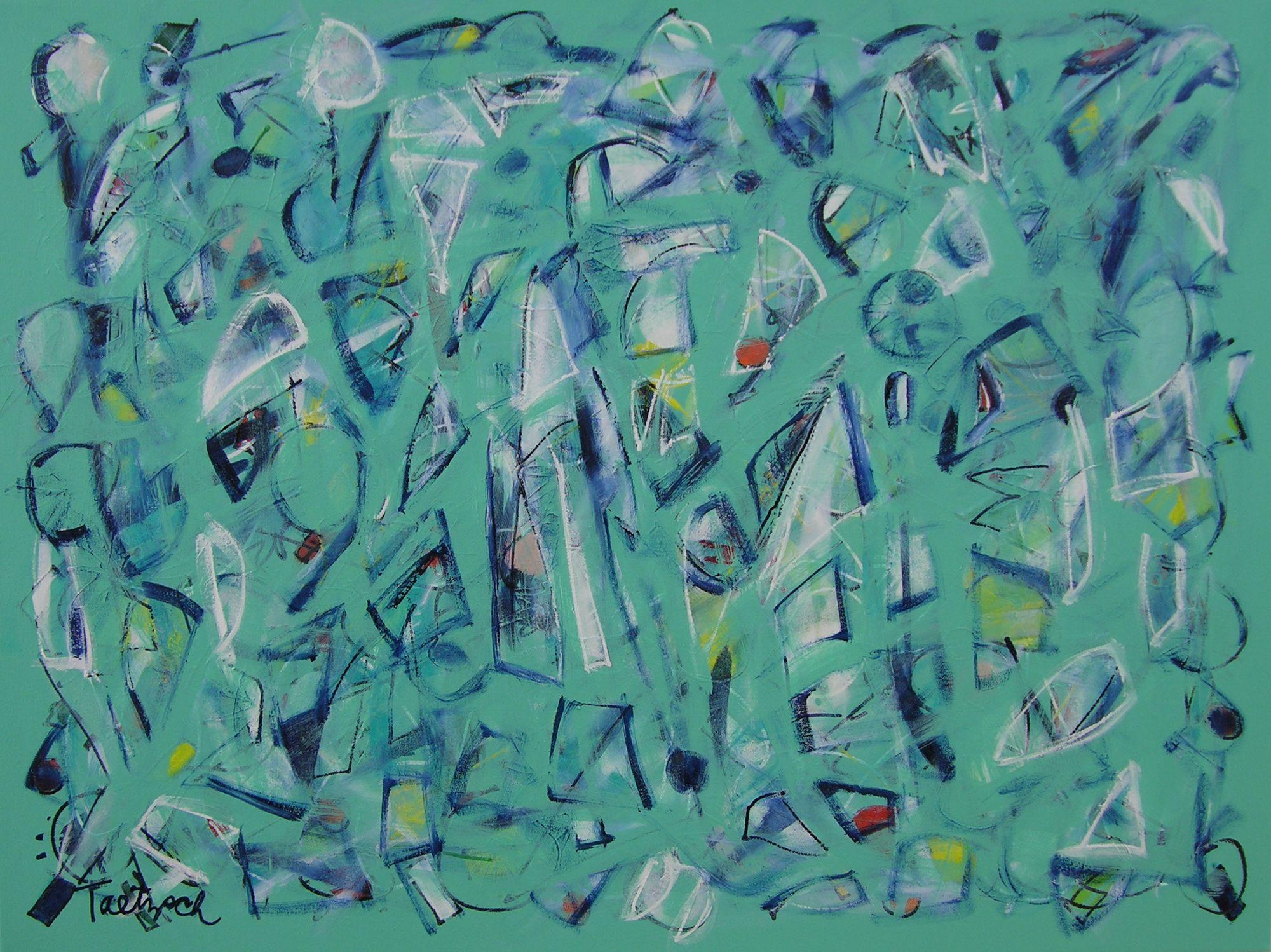 Bits And Pieces has bits of colors and shapes floating on the surface and hiding just beneath. Look into this cool aqua pool to find a lost object or memory.     40" x 30" x 1.5" original painting on stretched canvas, with the image continuing