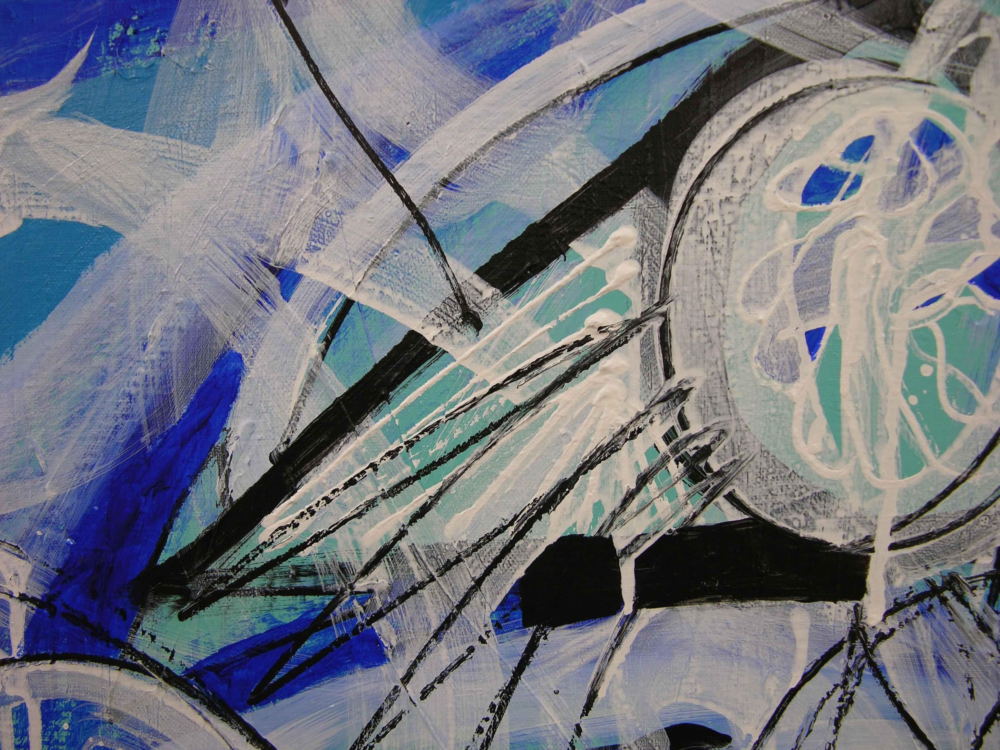 40â€ x 30â€ x 1,5â€ OriginalgemÃ?lde auf Spannleinwand mit dem Bild an den Seiten, so dass kein Rahmen erforderlich ist. Es wird mit Bilddraht geliefert, fertig zum Aufhängen.    Letting Go ist eine lose Komposition in Schwarz-Weiß und Blau. Seine