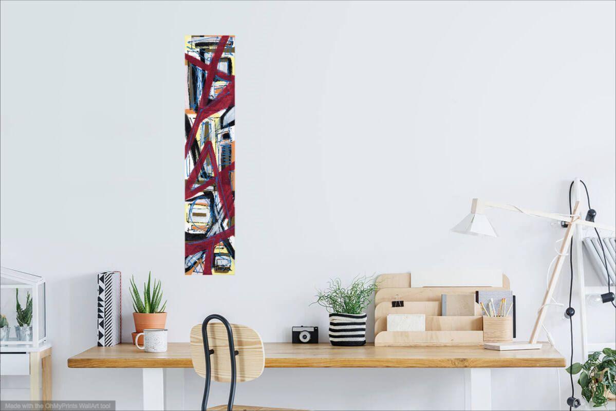 10â€ x 48â€ x 1.5â€ original acrylic painting on stretched canvas, with the image continuing around the sides so that no frame is required. It comes wired, ready to hang.    Lined By Blue is bold yet whimsical, with blocks of color accented by