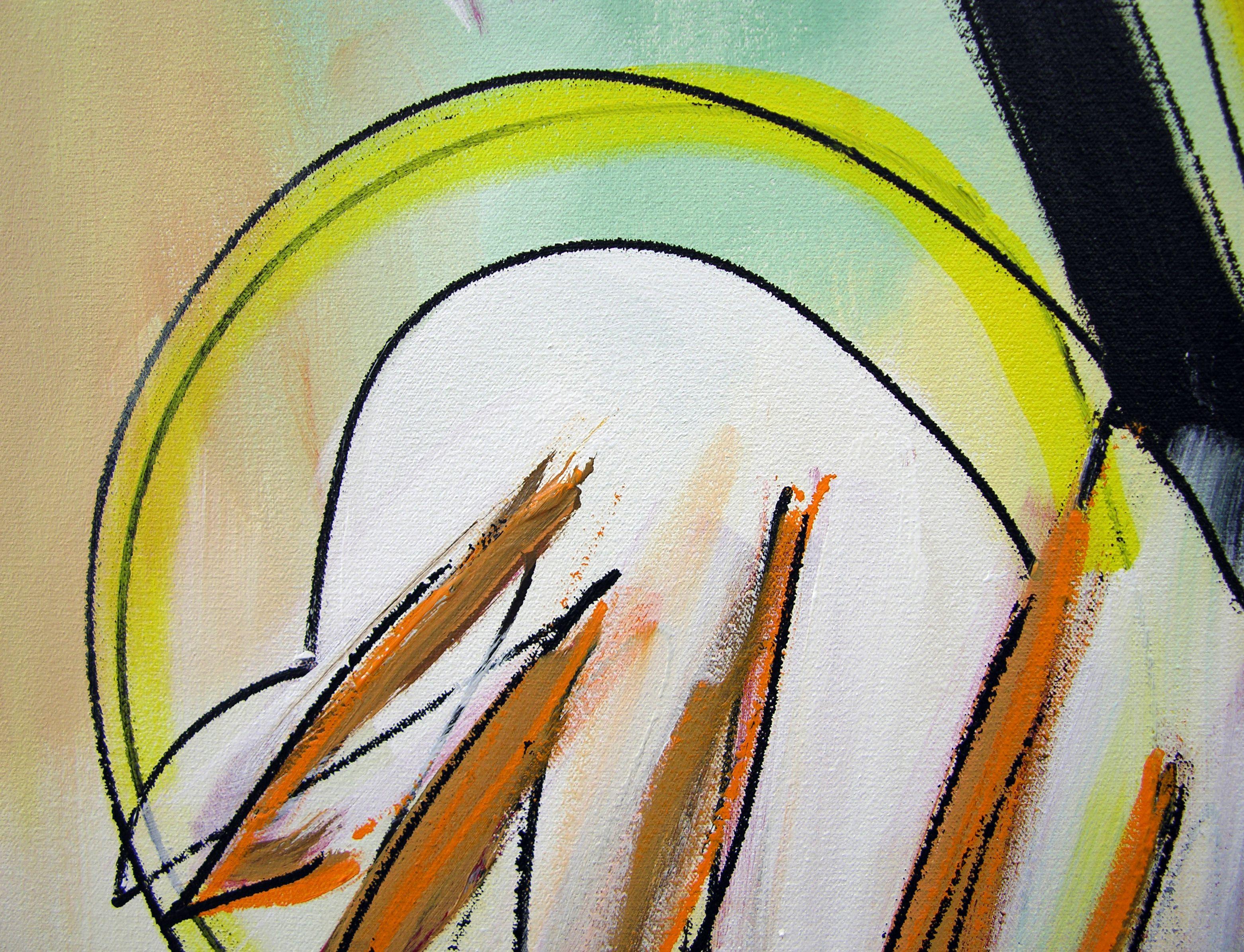 36â€ x 40â€ x 1.5â€ original painting on stretched canvas with the image continuing around  the  sides so that no frame is required.  It comes  with picture  wire, ready  to hang.       Open Sesame is a bold, yet light and airy painting of shapes