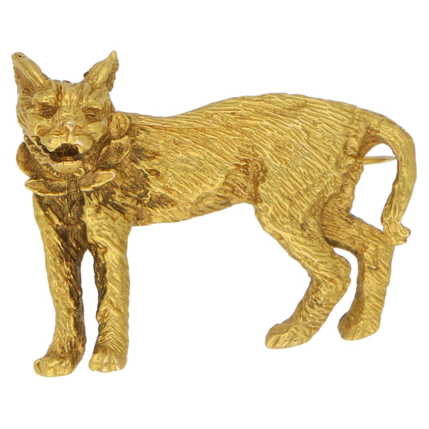 Lynx Cat Brooch Set in Solid 9 Karat Yellow Gold