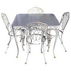Juego de comedor de jardín de hierro forjado estilo Woodard Lyon-Shaw Windflower Lattice