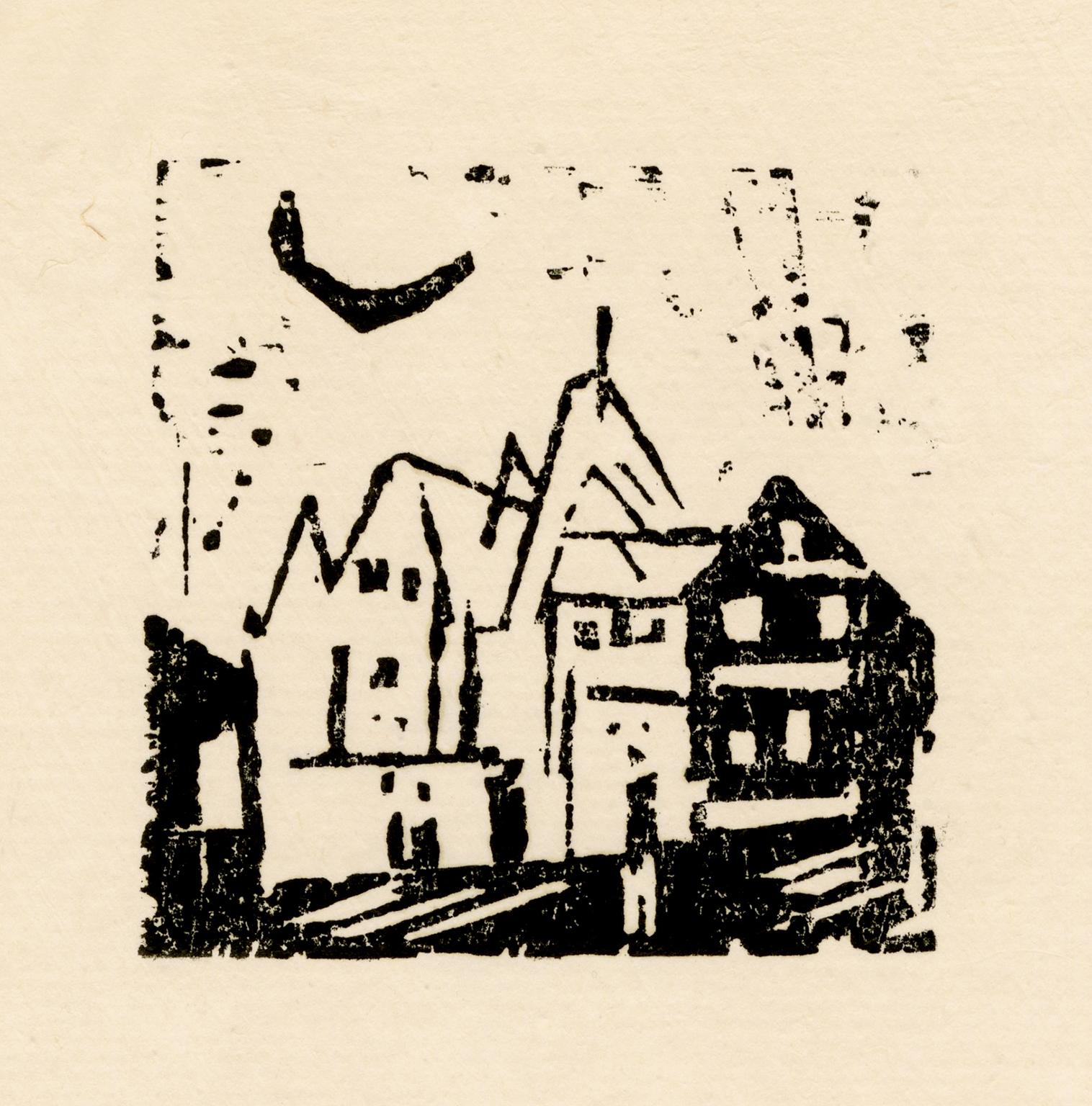Lyonel Feininger Figurative Print - Buildings with Crescent Moon (Gebaude mit Mondsichel) – Artist's letterhead