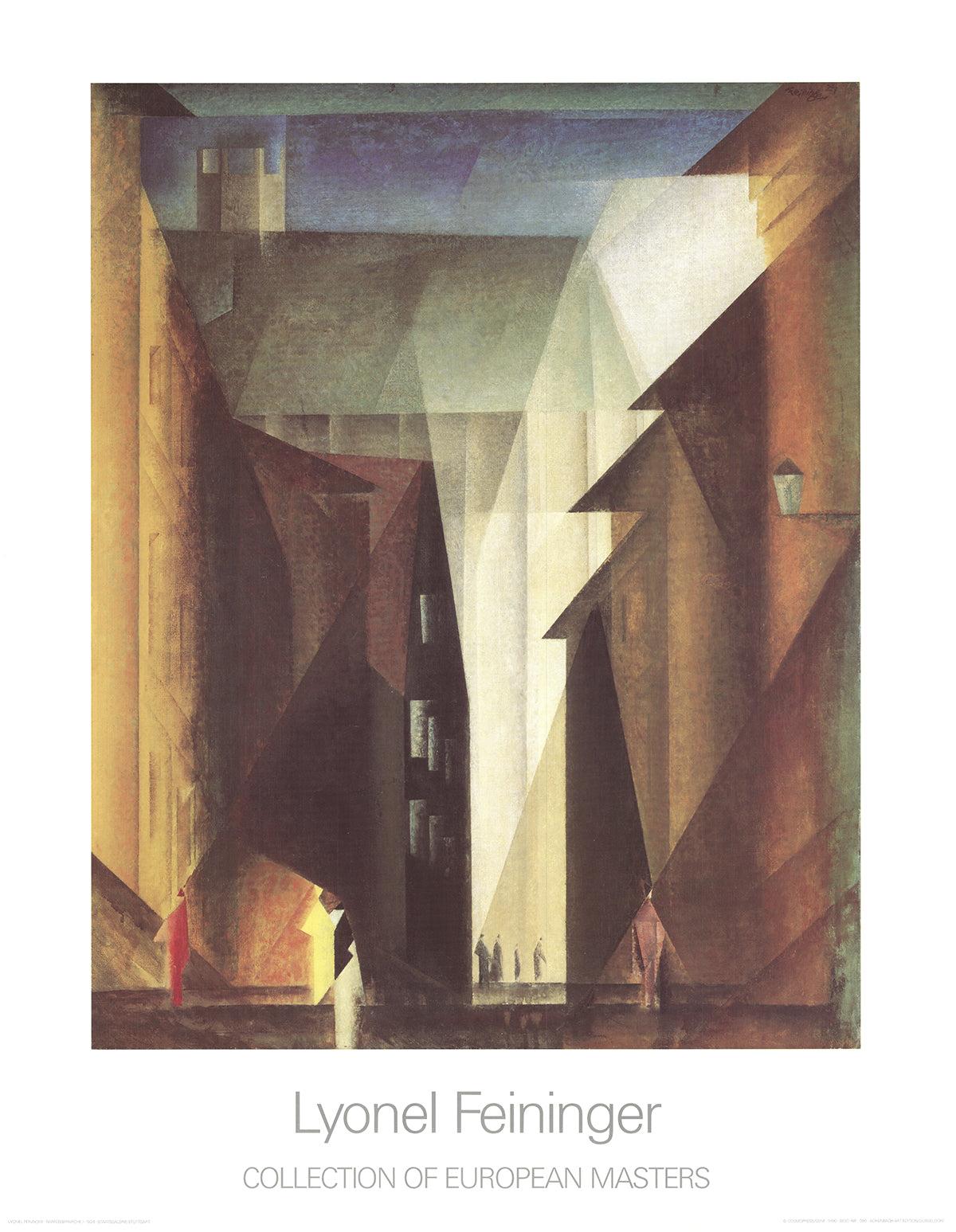 Este raro cartel de exposición presenta una reproducción de alta calidad de Vista de la iglesia de Lyonel Feininger, que forma parte de la serie "Colección de Maestros Europeos" publicada por Ediciones Achenbach para la Kunstsammlung