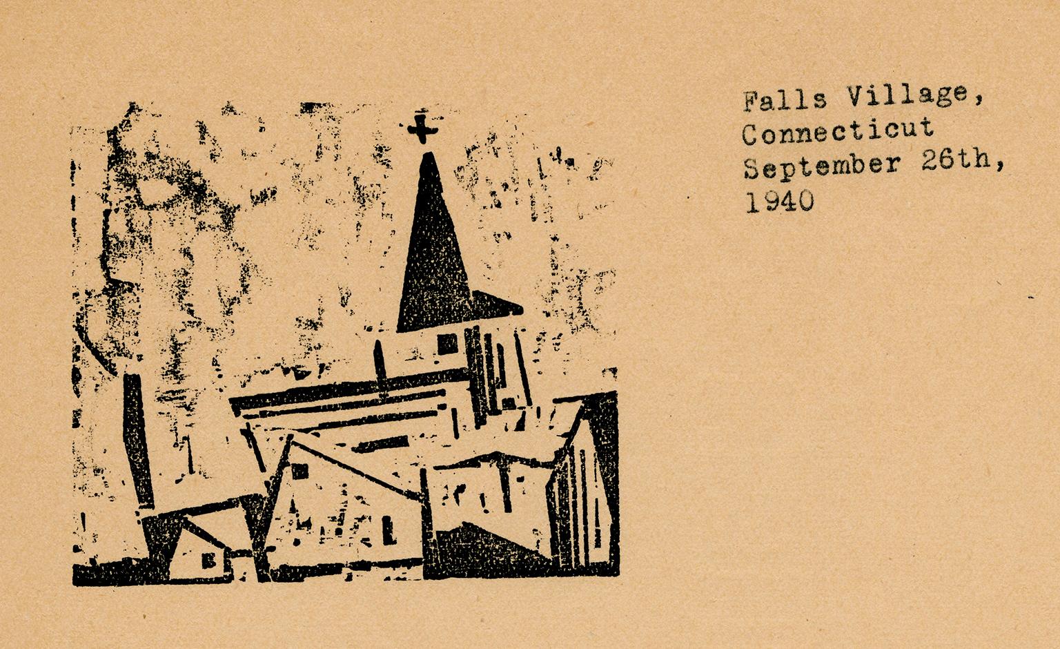 Église avec maison et arbre - Papier à en-tête personnel de l'artiste, années 1940 Modernisme - Print de Lyonel Feininger